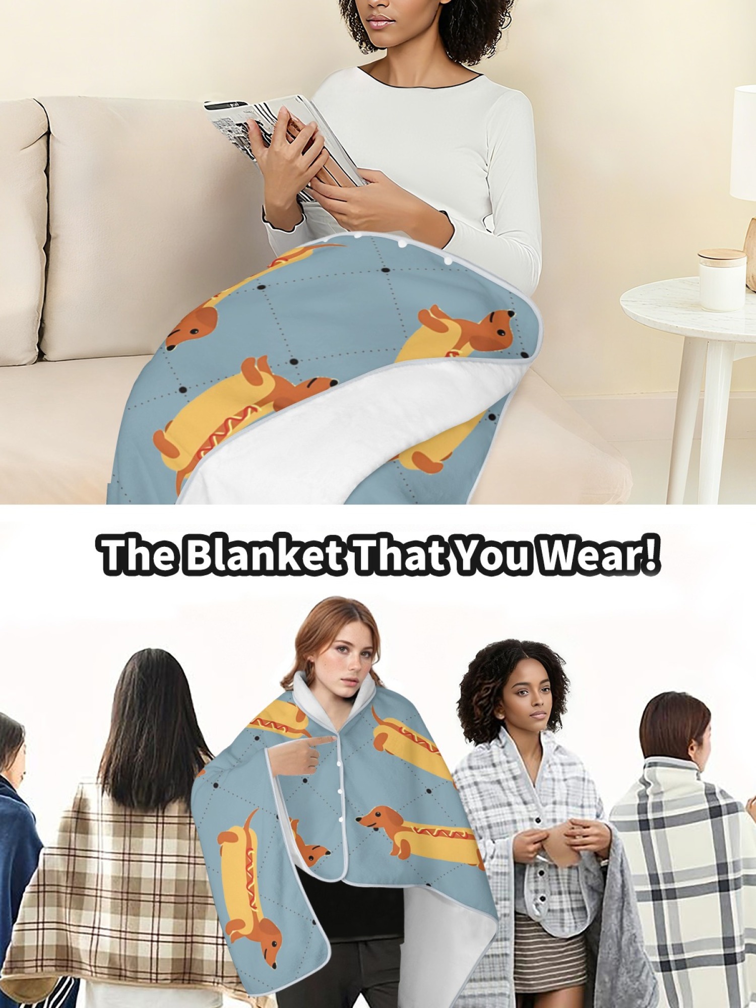 Women's Funny Hot Dog Dachshund Printed Flannel Throw Shawl - Soft Cozy Blanket (3 Colors: Light Blue/Light Grey/Pink)