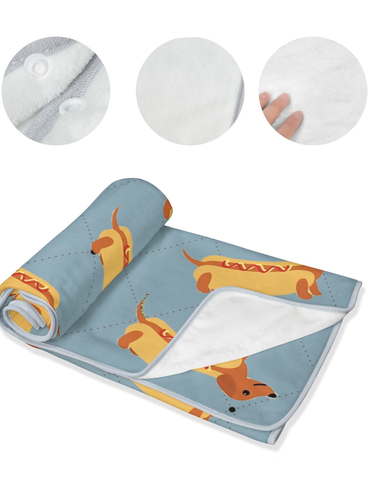 Women's Funny Hot Dog Dachshund Printed Flannel Throw Shawl - Soft Cozy Blanket (3 Colors: Light Blue/Light Grey/Pink)