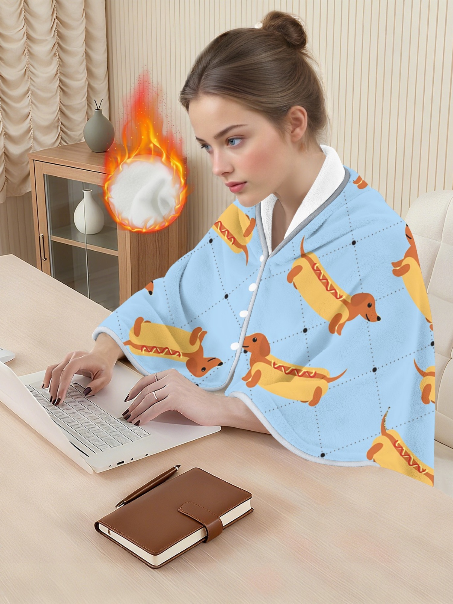 Women's Funny Hot Dog Dachshund Printed Flannel Throw Shawl - Soft Cozy Blanket (3 Colors: Light Blue/Light Grey/Pink)