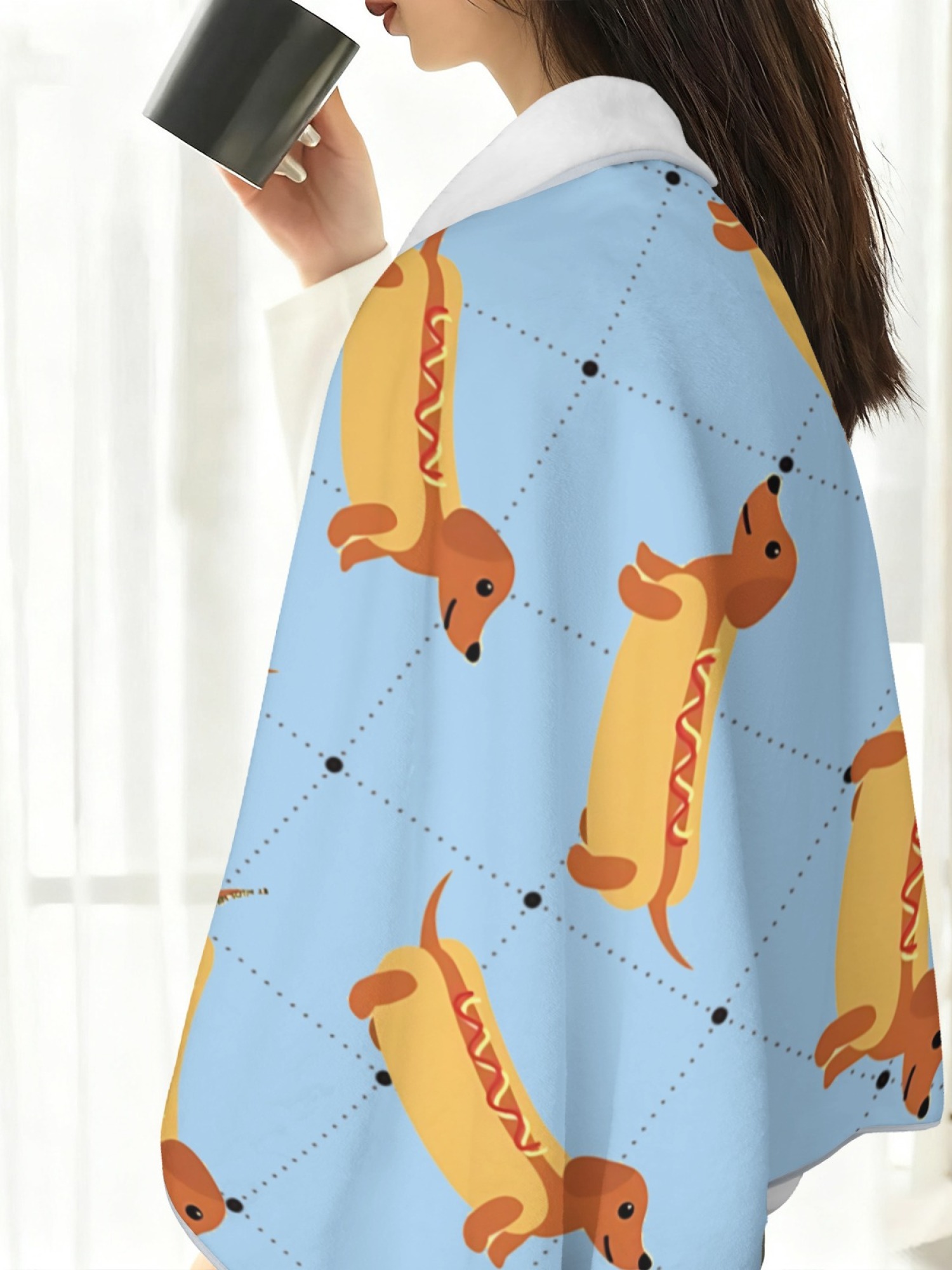 Women's Funny Hot Dog Dachshund Printed Flannel Throw Shawl - Soft Cozy Blanket (3 Colors: Light Blue/Light Grey/Pink)