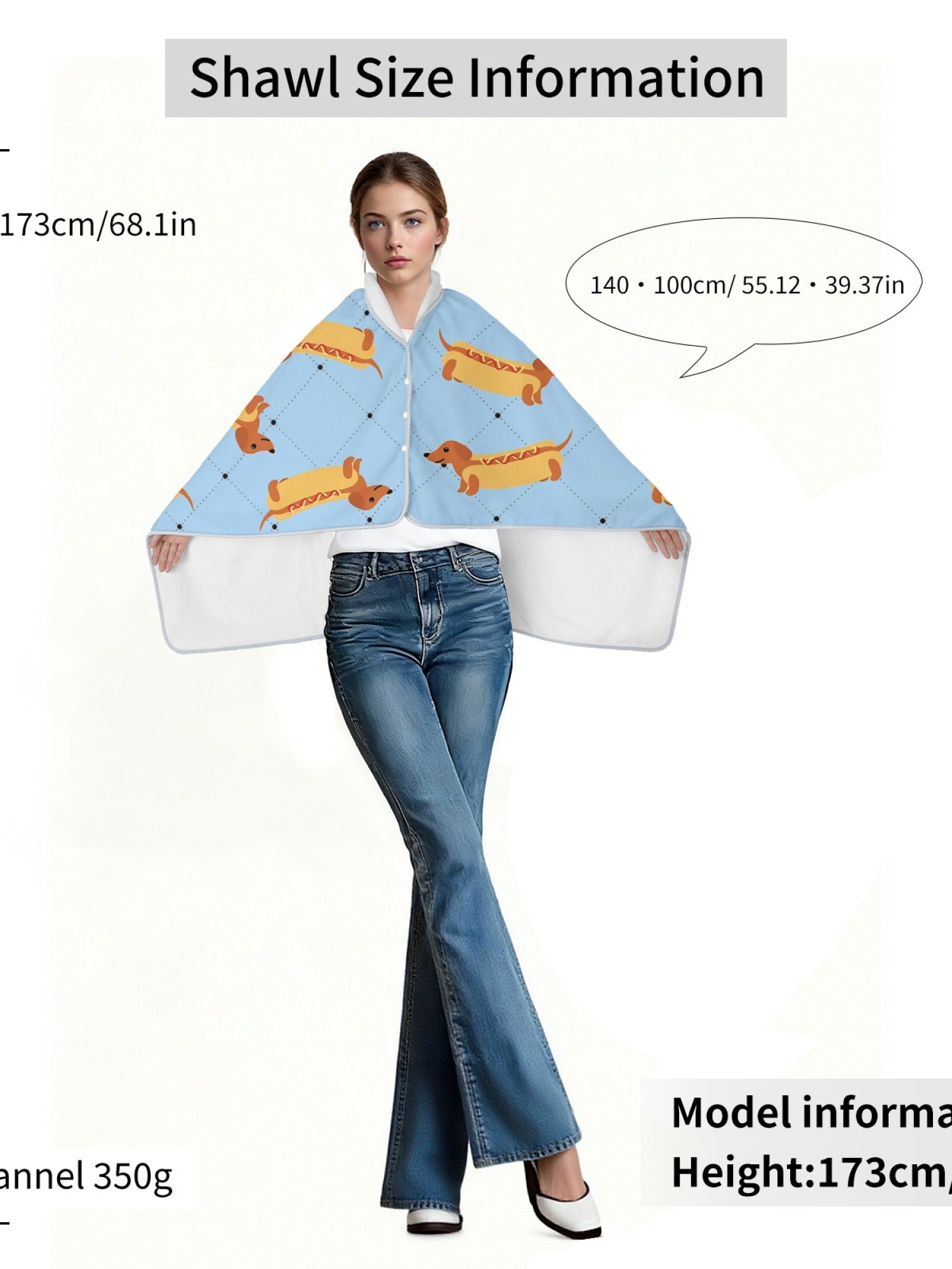 Women's Funny Hot Dog Dachshund Printed Flannel Throw Shawl - Soft Cozy Blanket (3 Colors: Light Blue/Light Grey/Pink)