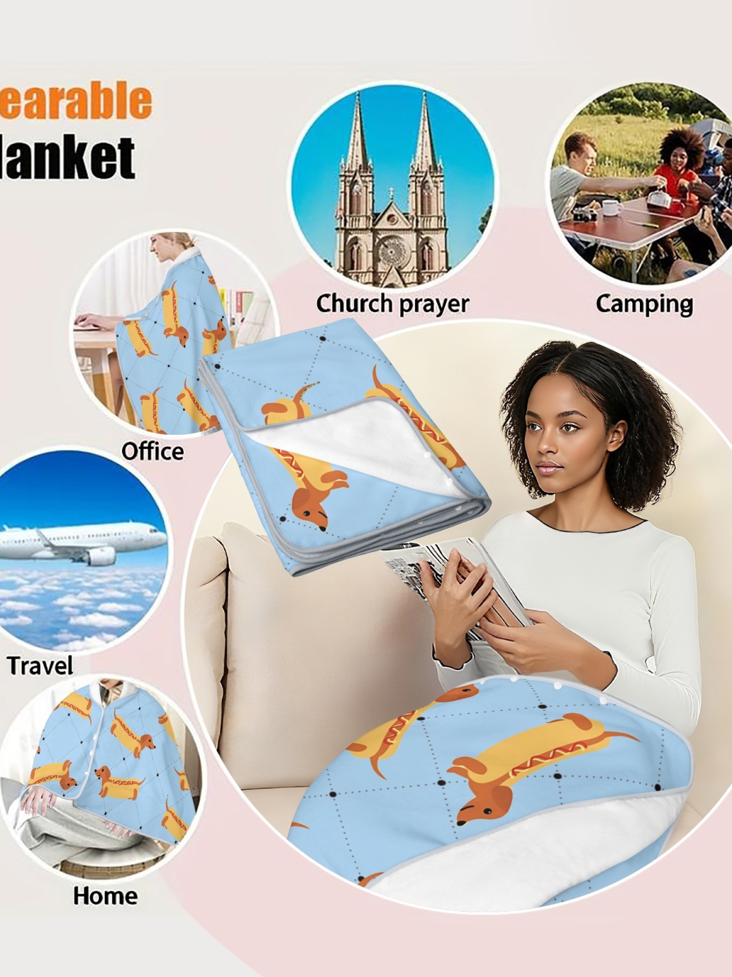 Women's Funny Hot Dog Dachshund Printed Flannel Throw Shawl - Soft Cozy Blanket (3 Colors: Light Blue/Light Grey/Pink)
