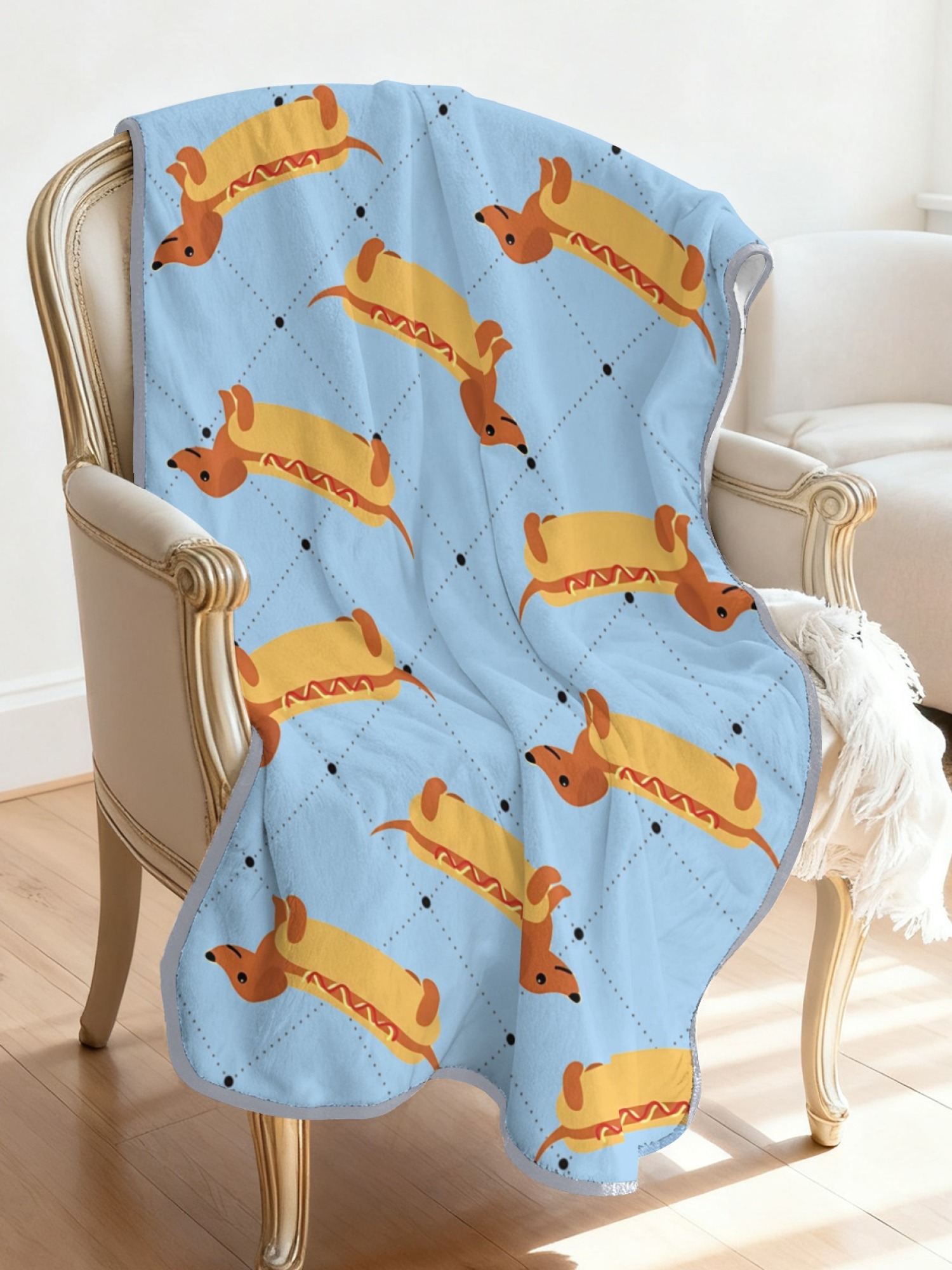 Women's Funny Hot Dog Dachshund Printed Flannel Throw Shawl - Soft Cozy Blanket (3 Colors: Light Blue/Light Grey/Pink)