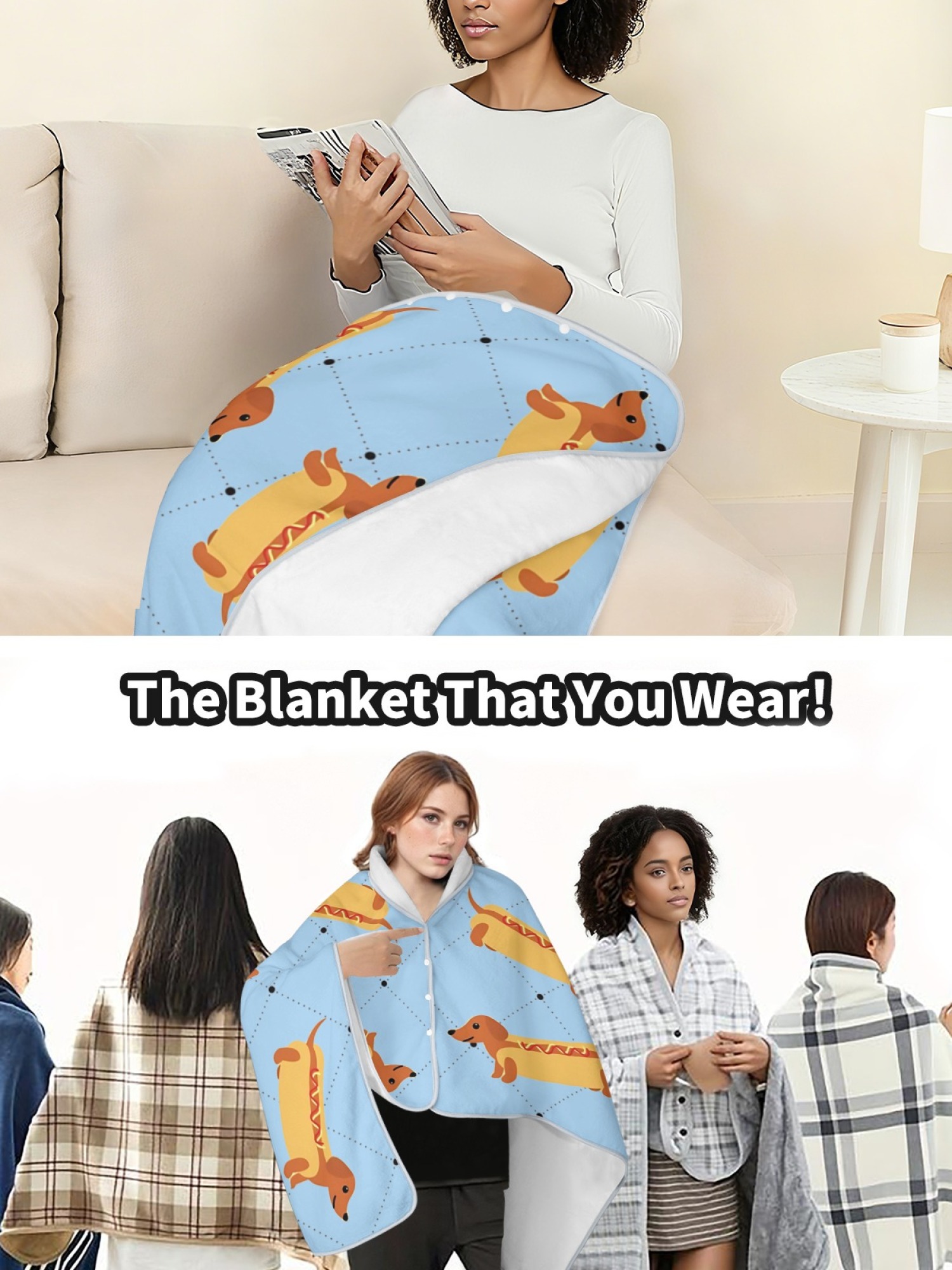 Women's Funny Hot Dog Dachshund Printed Flannel Throw Shawl - Soft Cozy Blanket (3 Colors: Light Blue/Light Grey/Pink)