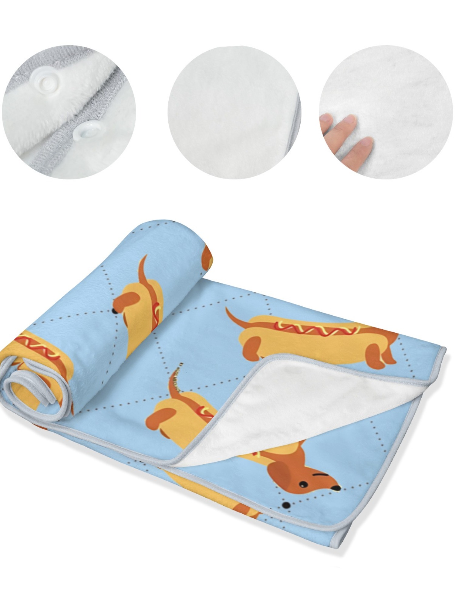 Women's Funny Hot Dog Dachshund Printed Flannel Throw Shawl - Soft Cozy Blanket (3 Colors: Light Blue/Light Grey/Pink)