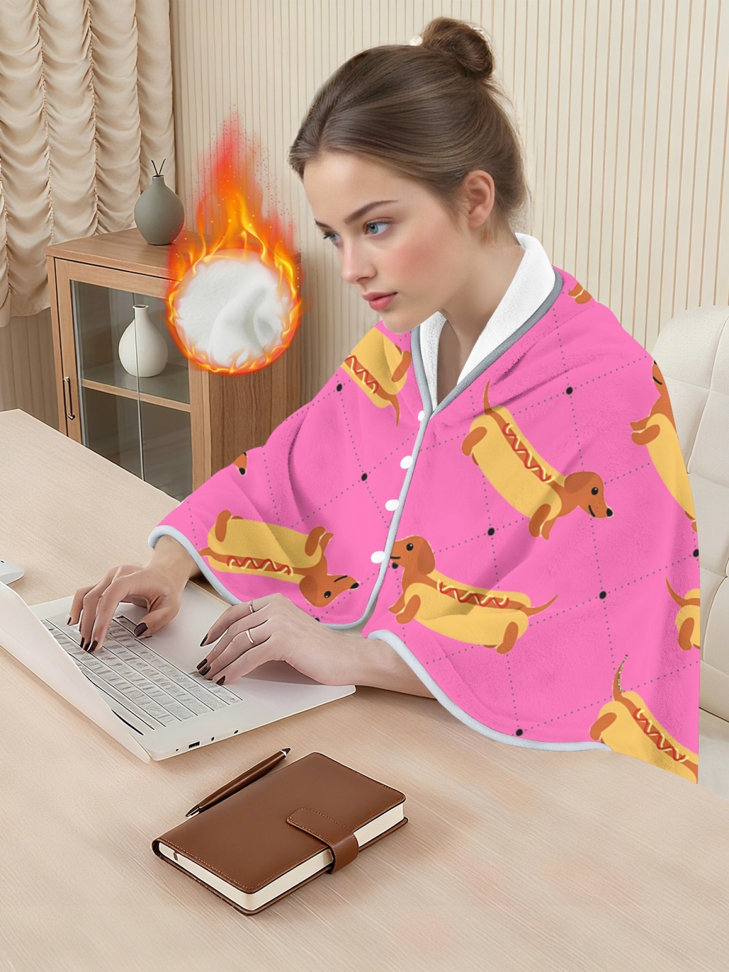 Women's Funny Hot Dog Dachshund Printed Flannel Throw Shawl - Soft Cozy Blanket (3 Colors: Light Blue/Light Grey/Pink)