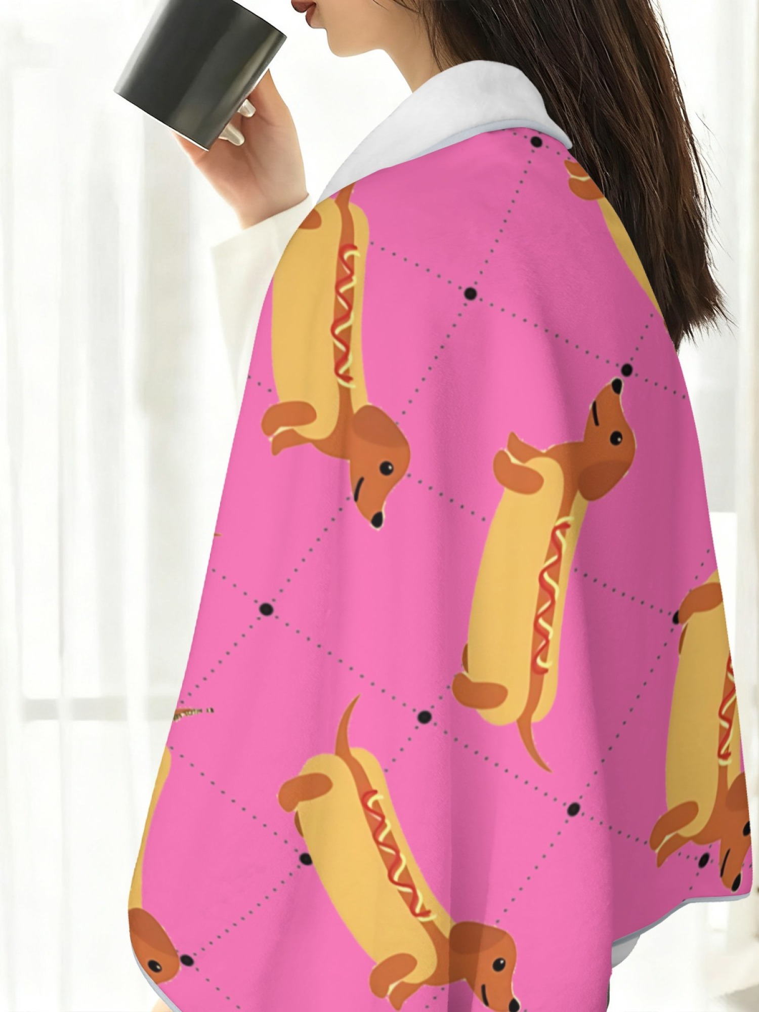 Women's Funny Hot Dog Dachshund Printed Flannel Throw Shawl - Soft Cozy Blanket (3 Colors: Light Blue/Light Grey/Pink)