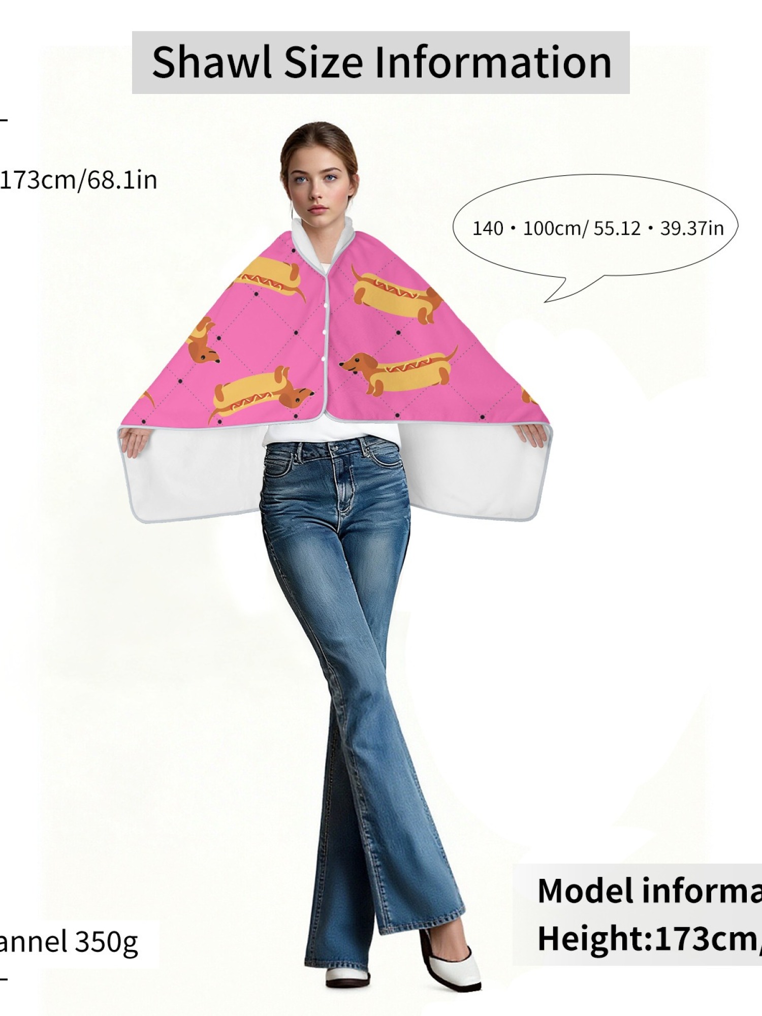 Women's Funny Hot Dog Dachshund Printed Flannel Throw Shawl - Soft Cozy Blanket (3 Colors: Light Blue/Light Grey/Pink)