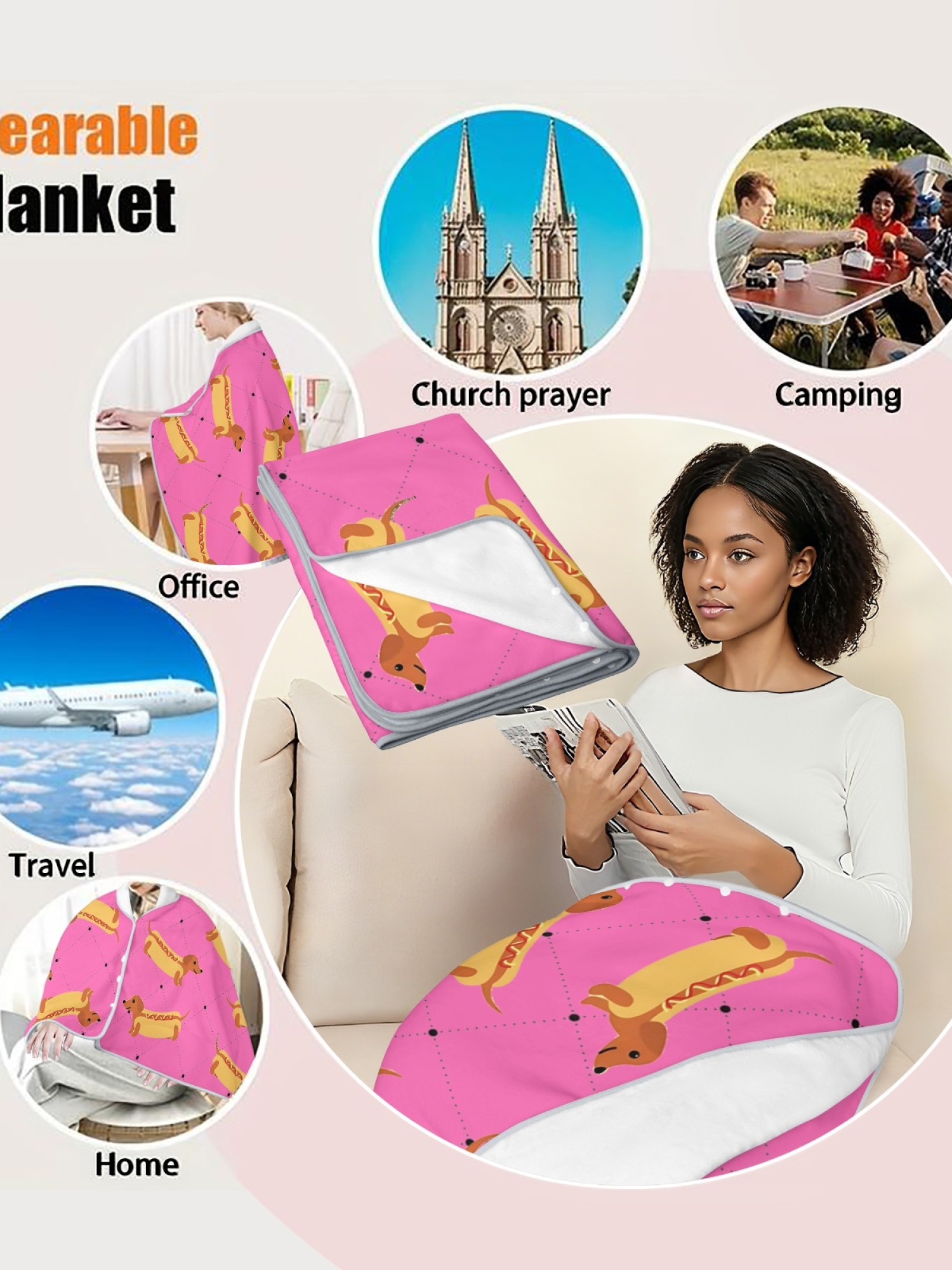 Women's Funny Hot Dog Dachshund Printed Flannel Throw Shawl - Soft Cozy Blanket (3 Colors: Light Blue/Light Grey/Pink)