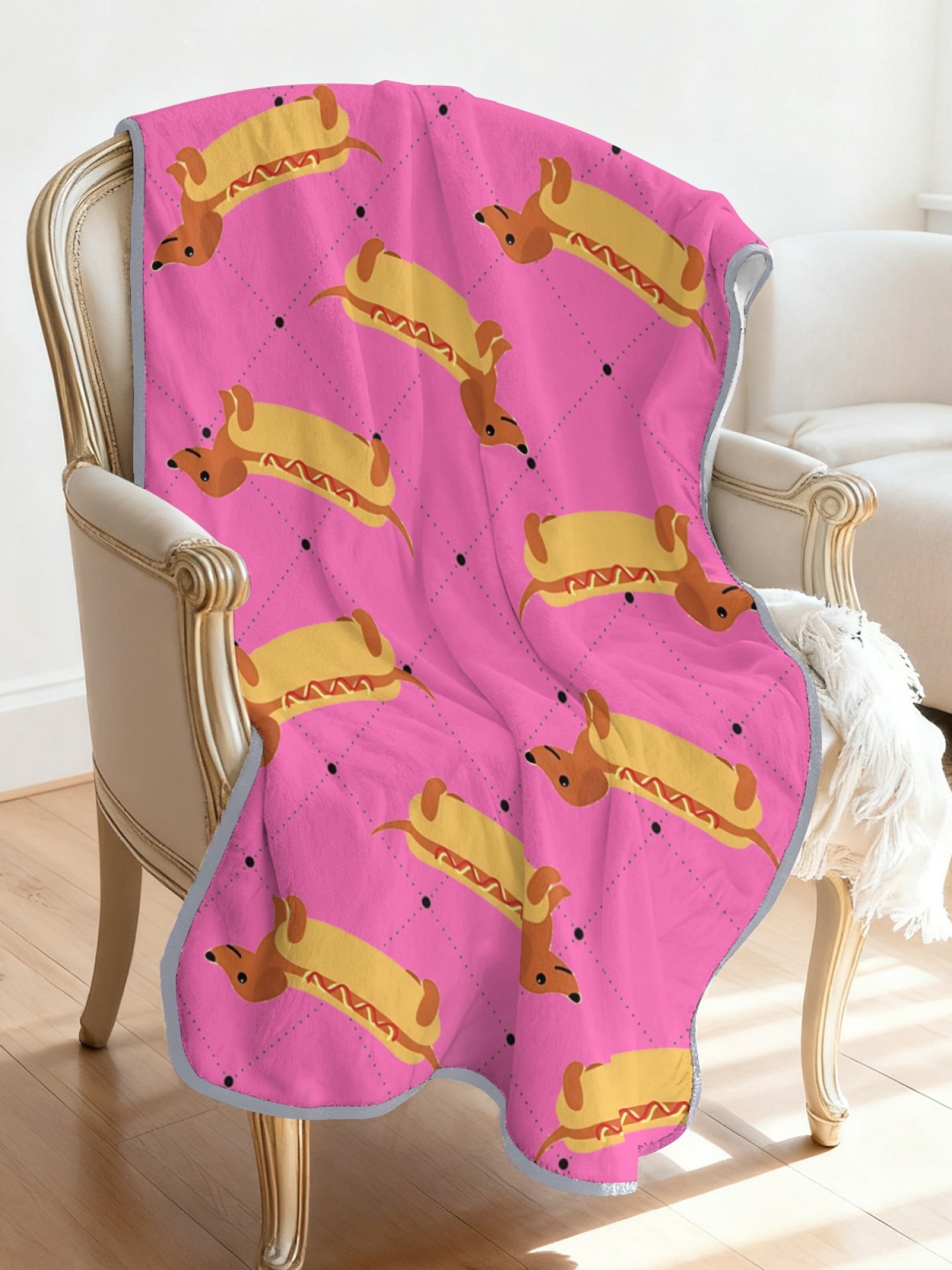 Women's Funny Hot Dog Dachshund Printed Flannel Throw Shawl - Soft Cozy Blanket (3 Colors: Light Blue/Light Grey/Pink)