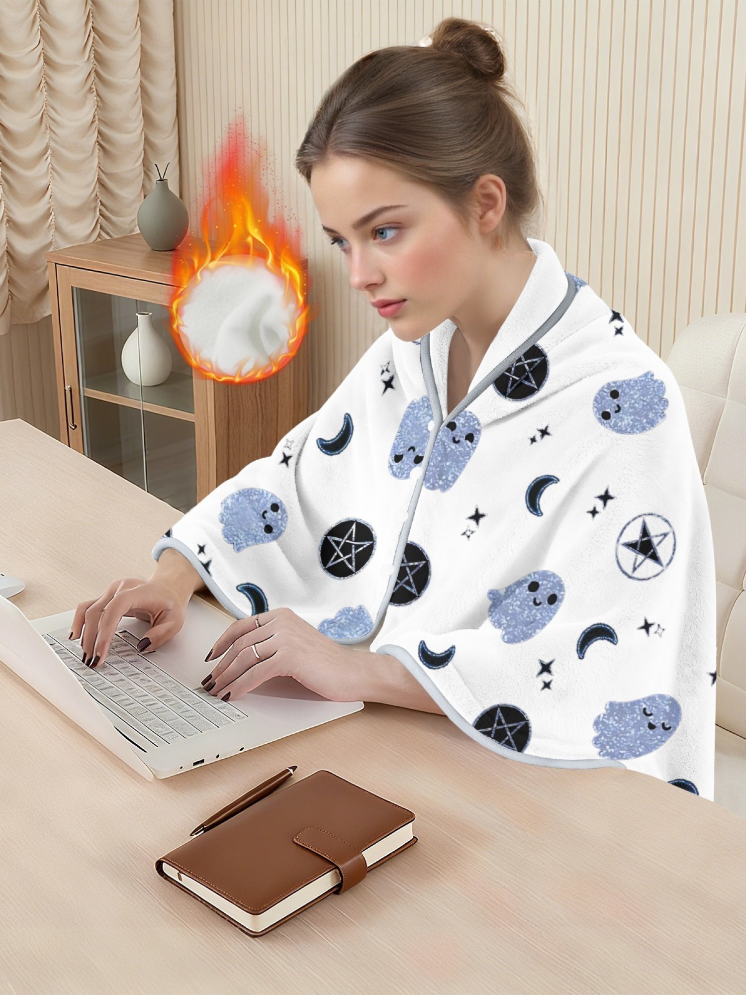 Women's Witchy Ghost Printed Flannel Hooded Shawl - Warm Cozy Blanket Cape (2 Colors: White/Pink)