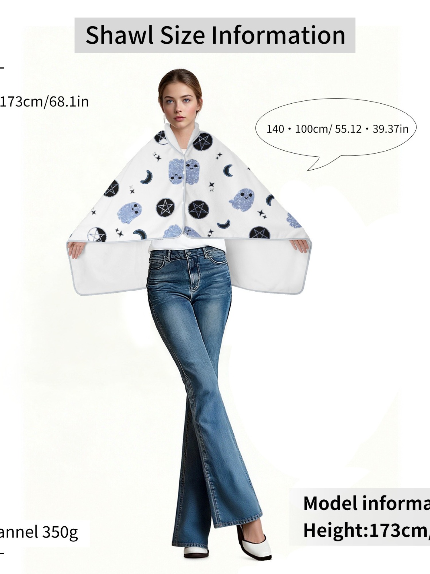 Women's Witchy Ghost Printed Flannel Hooded Shawl - Warm Cozy Blanket Cape (2 Colors: White/Pink)