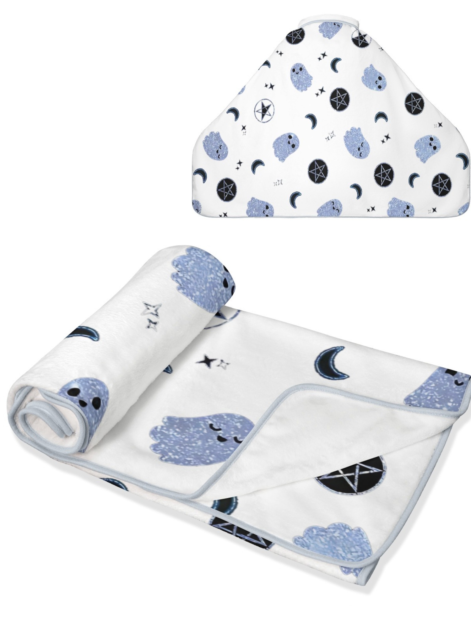 Women's Witchy Ghost Printed Flannel Hooded Shawl - Warm Cozy Blanket Cape (2 Colors: White/Pink)