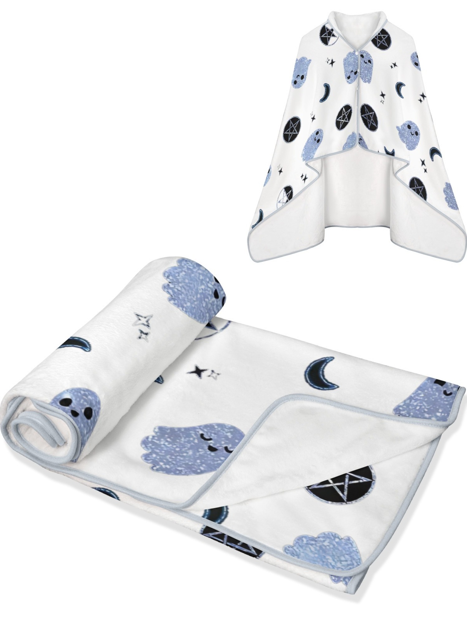 Women's Witchy Ghost Printed Flannel Hooded Shawl - Warm Cozy Blanket Cape (2 Colors: White/Pink)