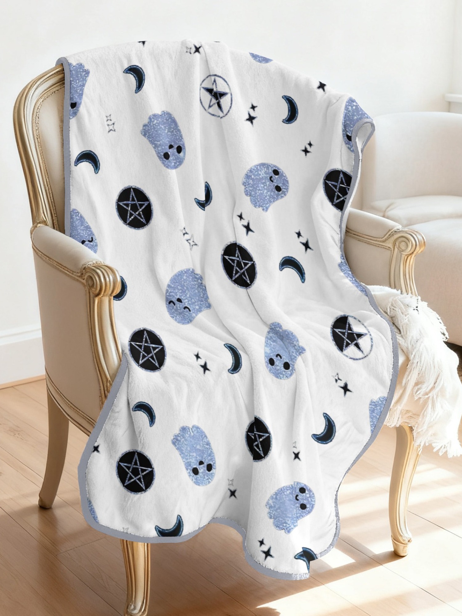 Women's Witchy Ghost Printed Flannel Hooded Shawl - Warm Cozy Blanket Cape (2 Colors: White/Pink)
