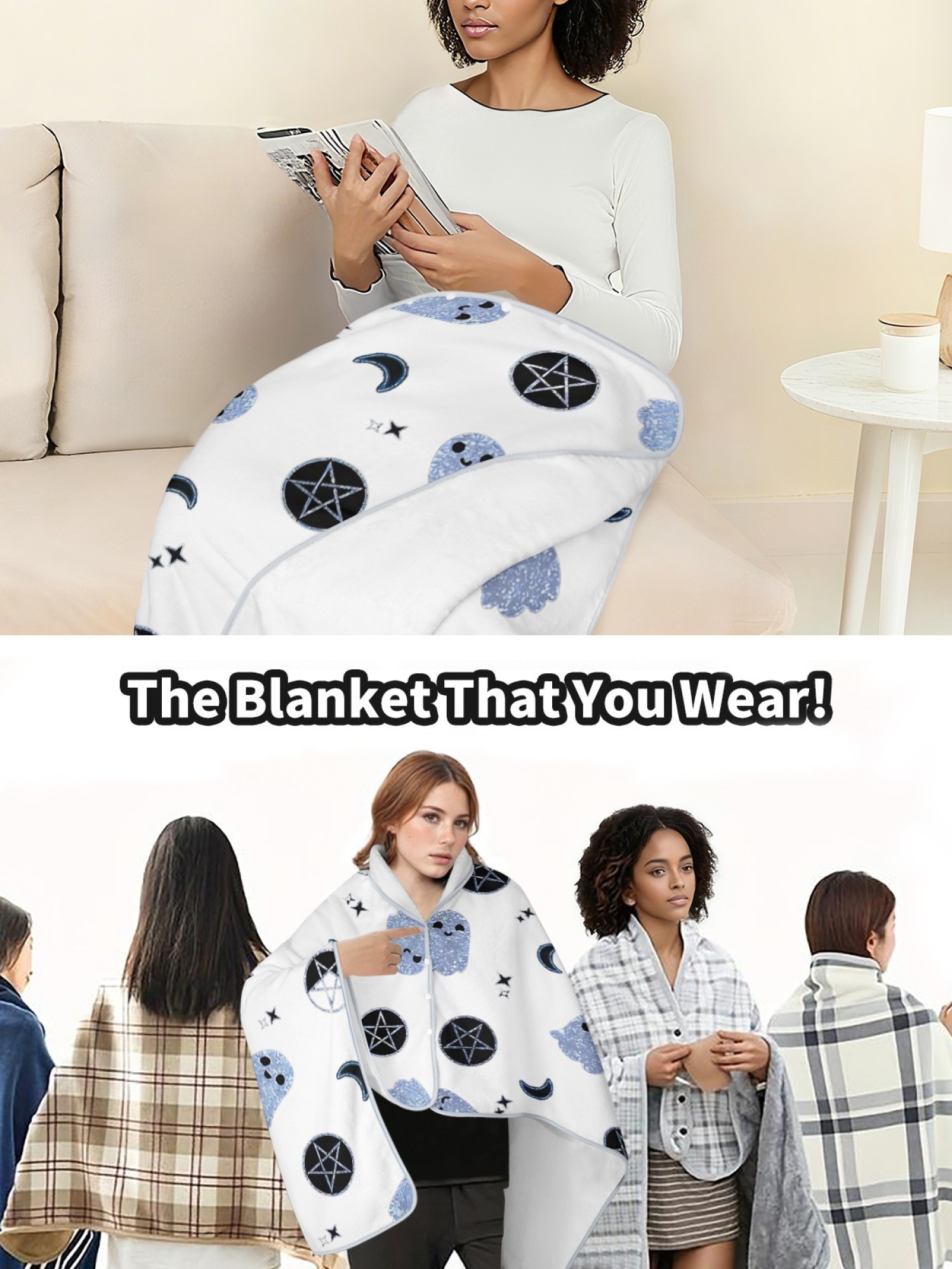 Women's Witchy Ghost Printed Flannel Hooded Shawl - Warm Cozy Blanket Cape (2 Colors: White/Pink)