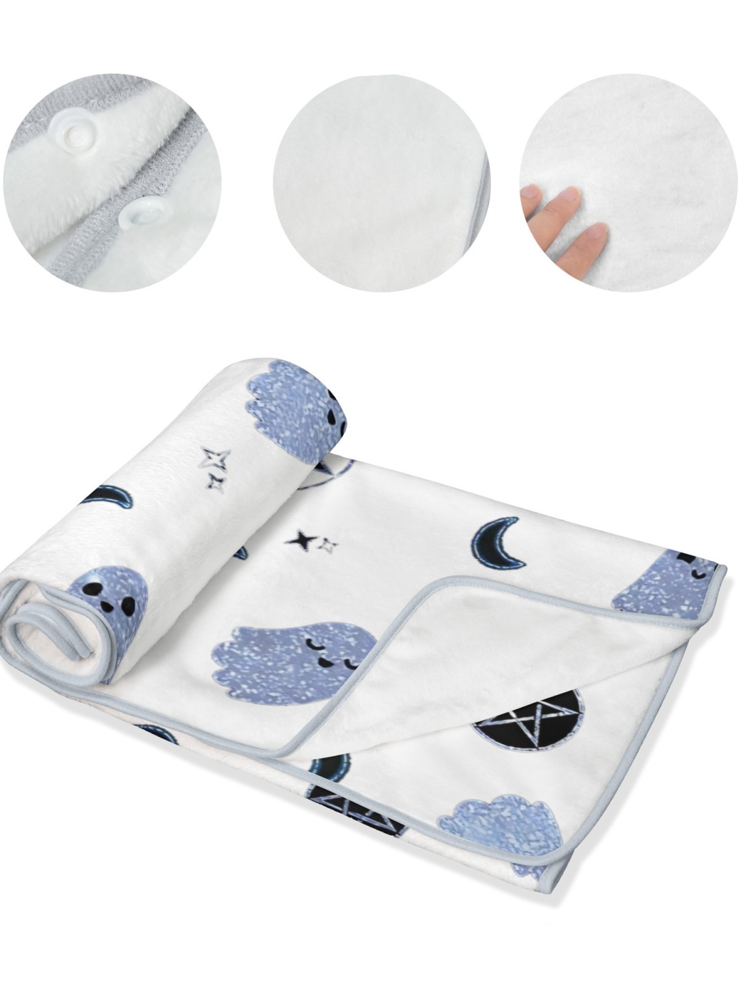 Women's Witchy Ghost Printed Flannel Hooded Shawl - Warm Cozy Blanket Cape (2 Colors: White/Pink)