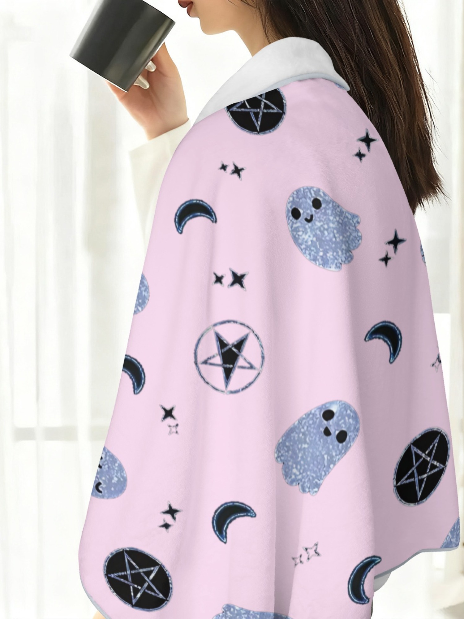 Women's Witchy Ghost Printed Flannel Hooded Shawl - Warm Cozy Blanket Cape (2 Colors: White/Pink)