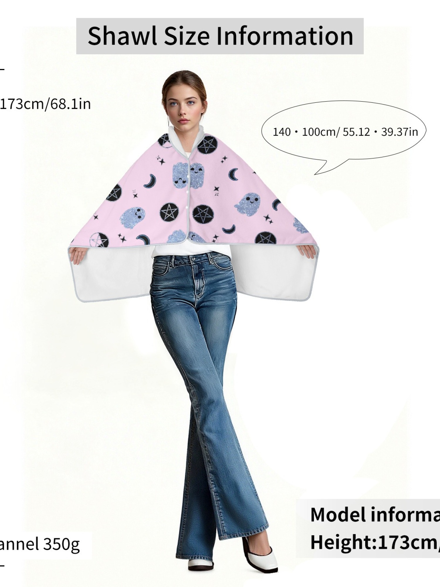 Women's Witchy Ghost Printed Flannel Hooded Shawl - Warm Cozy Blanket Cape (2 Colors: White/Pink)