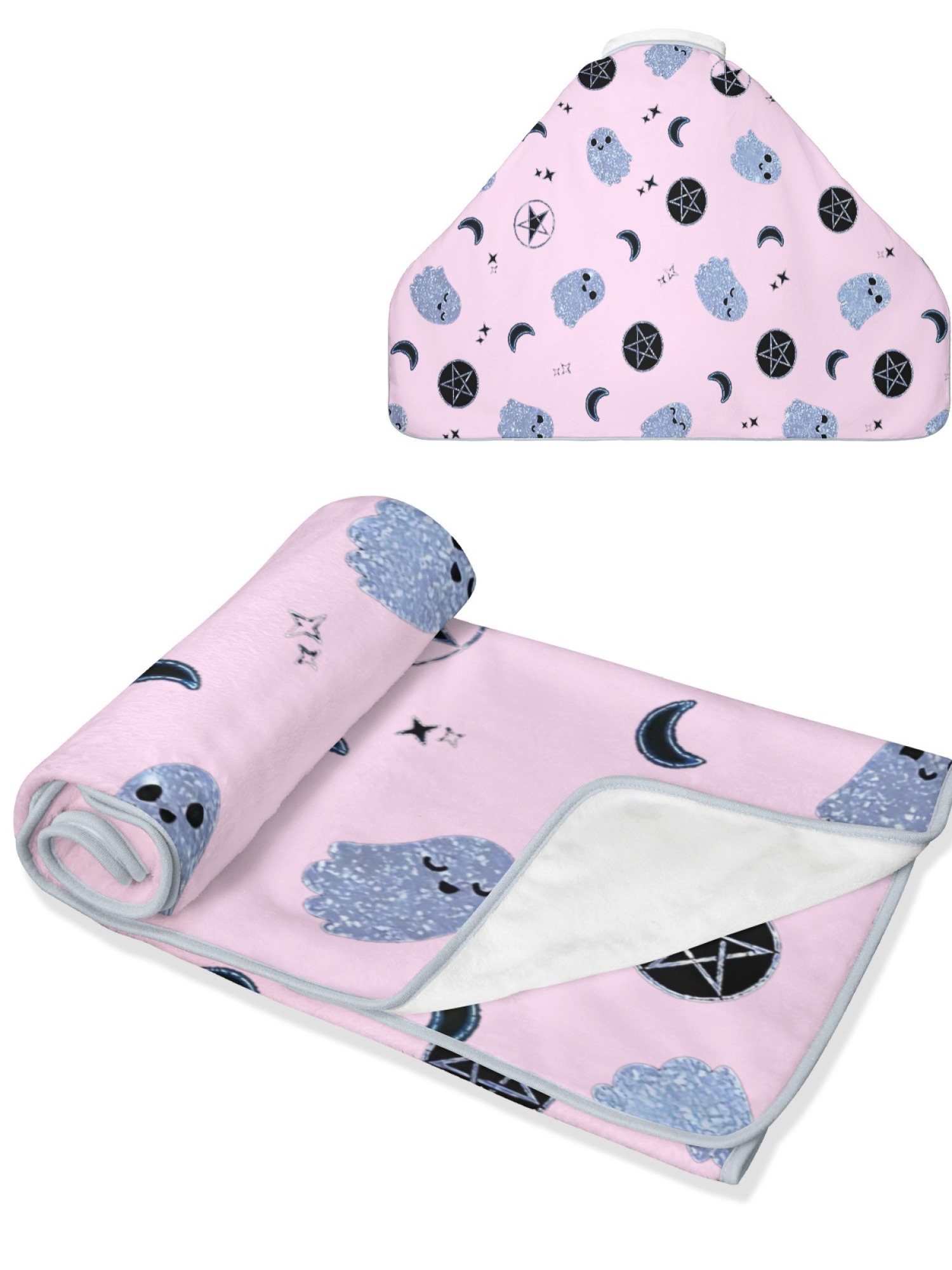 Women's Witchy Ghost Printed Flannel Hooded Shawl - Warm Cozy Blanket Cape (2 Colors: White/Pink)