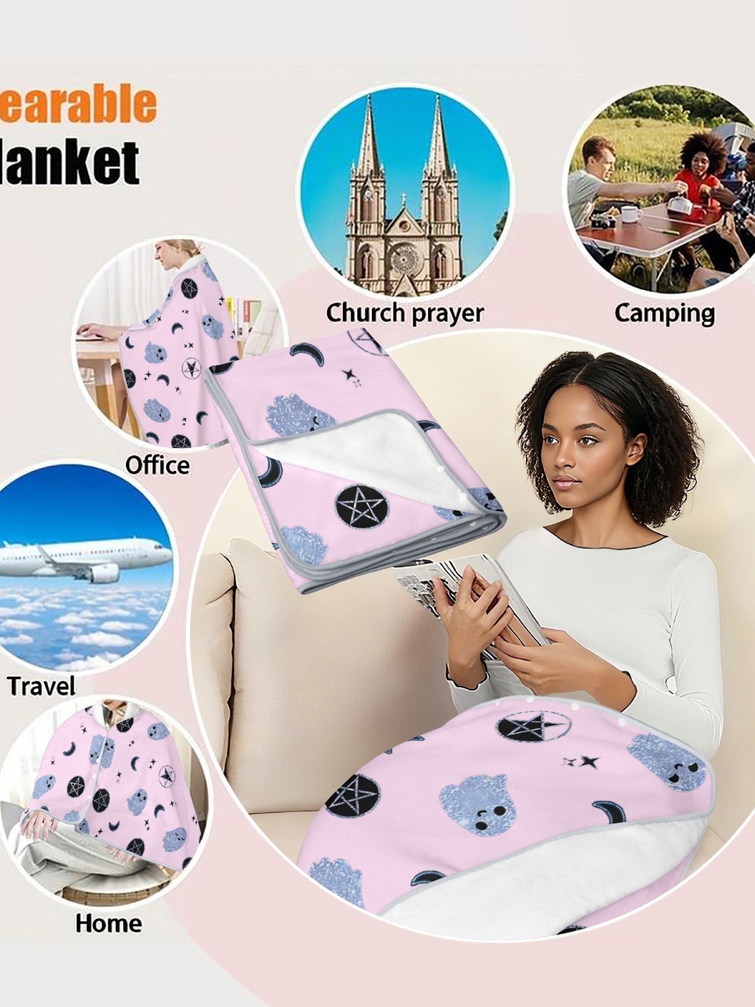 Women's Witchy Ghost Printed Flannel Hooded Shawl - Warm Cozy Blanket Cape (2 Colors: White/Pink)