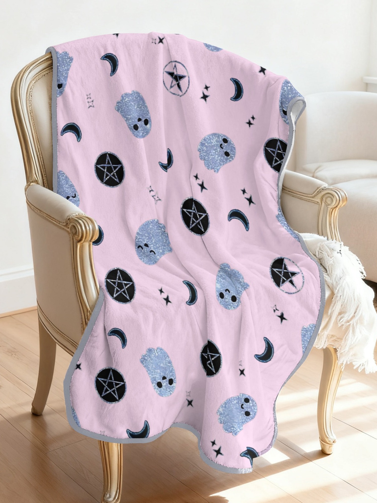 Women's Witchy Ghost Printed Flannel Hooded Shawl - Warm Cozy Blanket Cape (2 Colors: White/Pink)