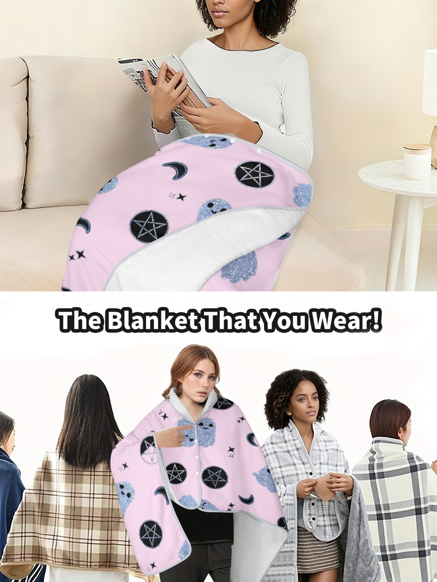 Women's Witchy Ghost Printed Flannel Hooded Shawl - Warm Cozy Blanket Cape (2 Colors: White/Pink)