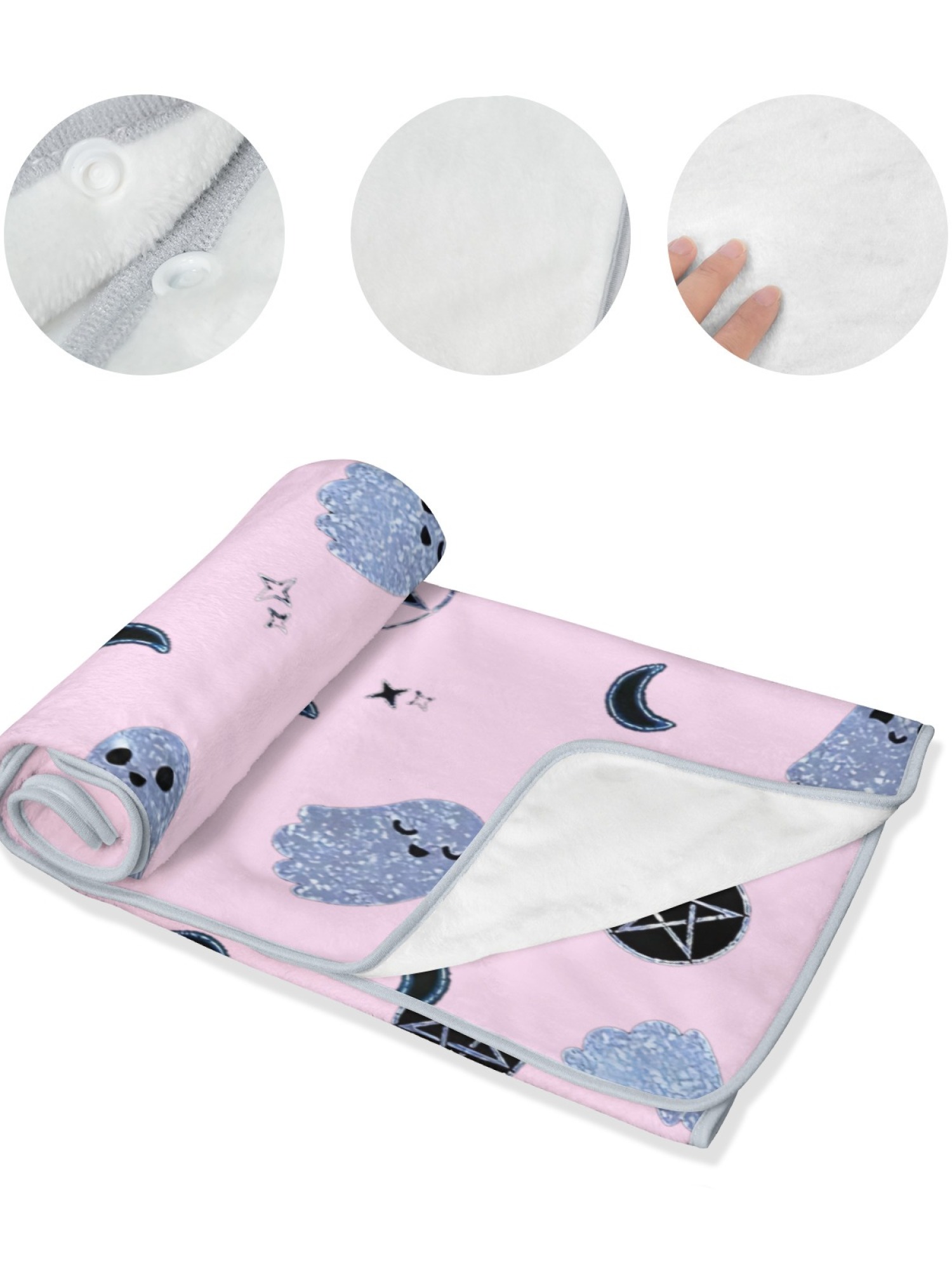 Women's Witchy Ghost Printed Flannel Hooded Shawl - Warm Cozy Blanket Cape (2 Colors: White/Pink)