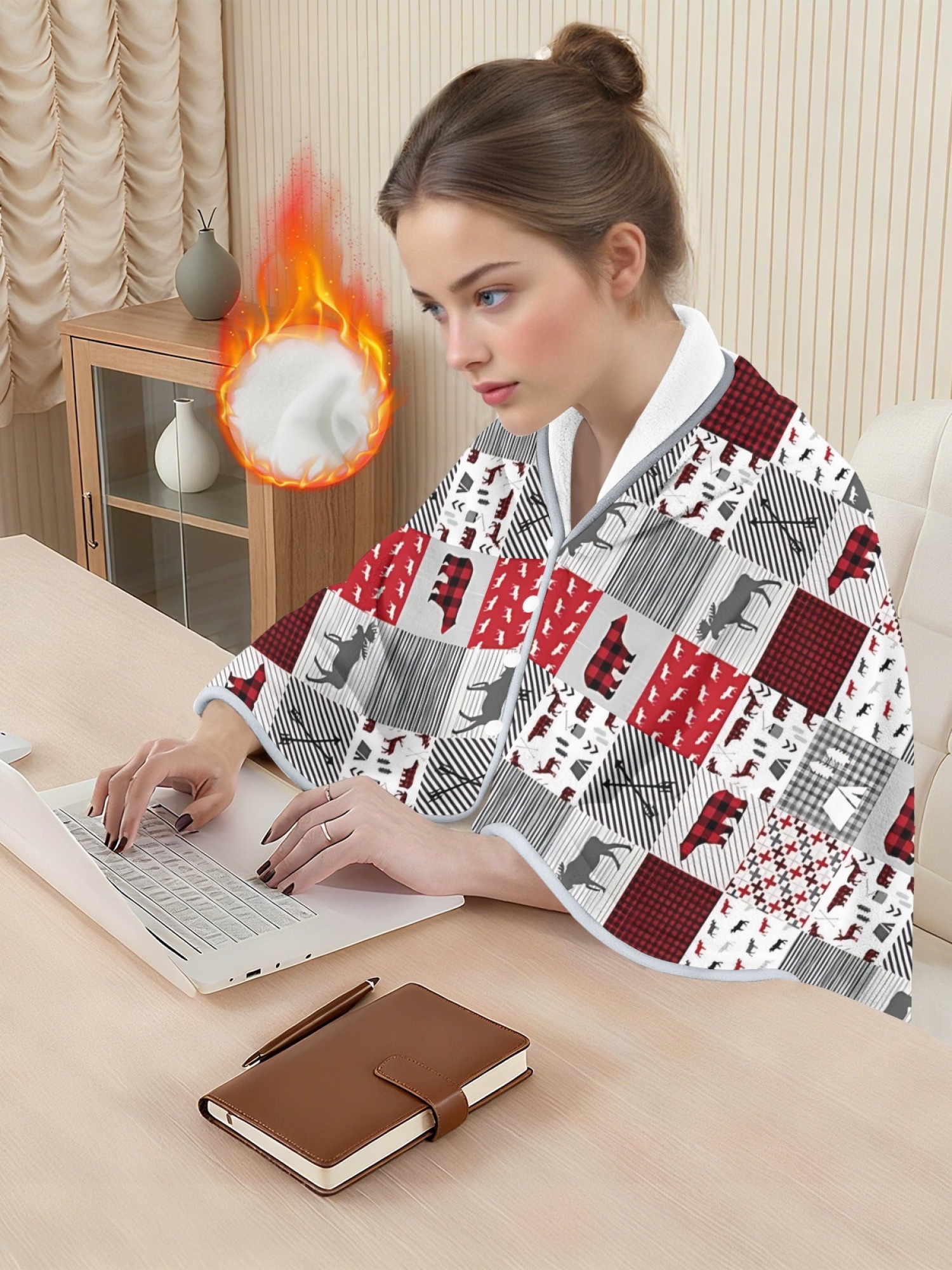 Rustic plaid moose patchwork flannel shawl, women warm hooded blanket cape, cozy outdoor loungewear, red gray flannel throw