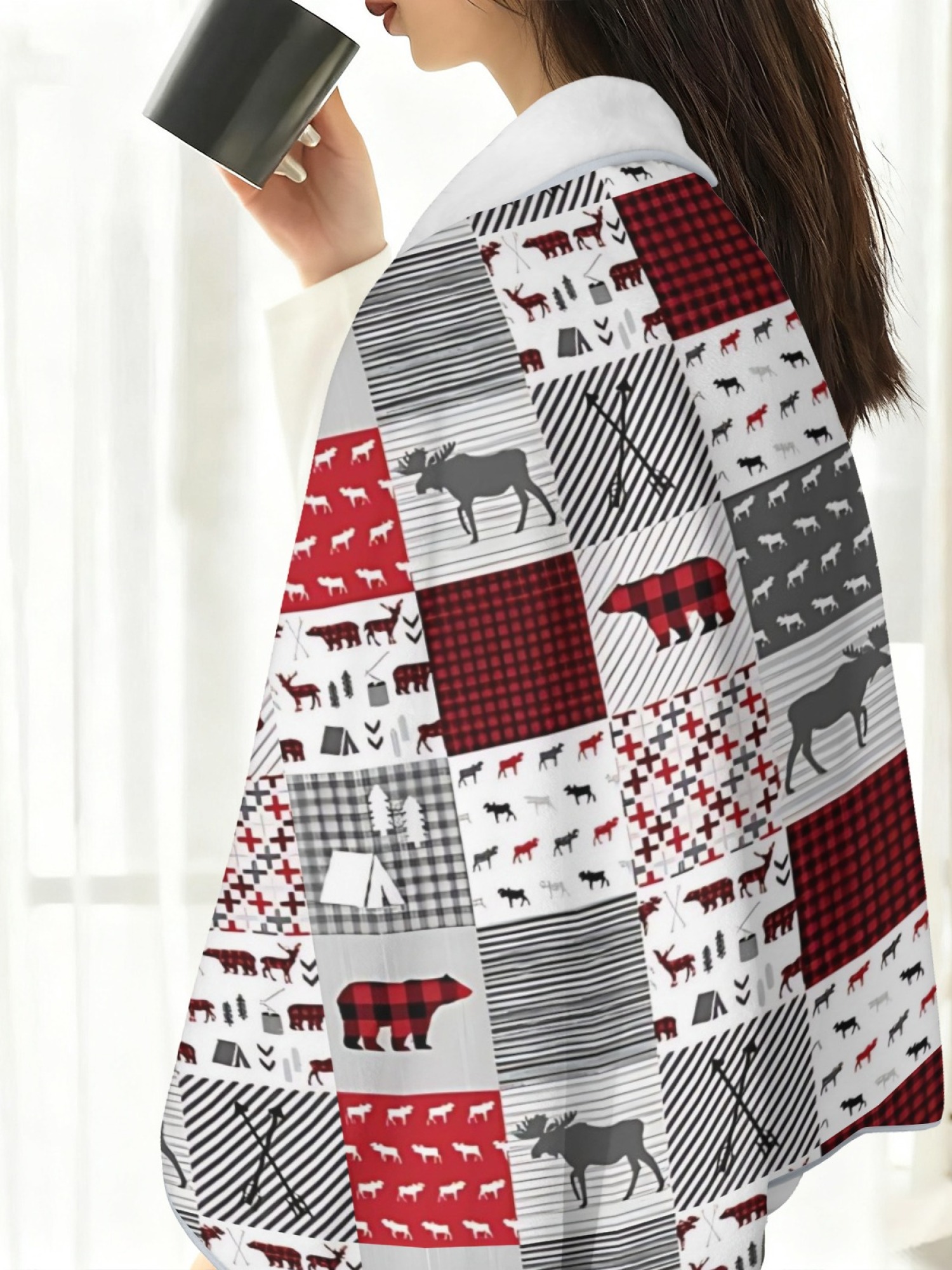 Rustic plaid moose patchwork flannel shawl, women warm hooded blanket cape, cozy outdoor loungewear, red gray flannel throw