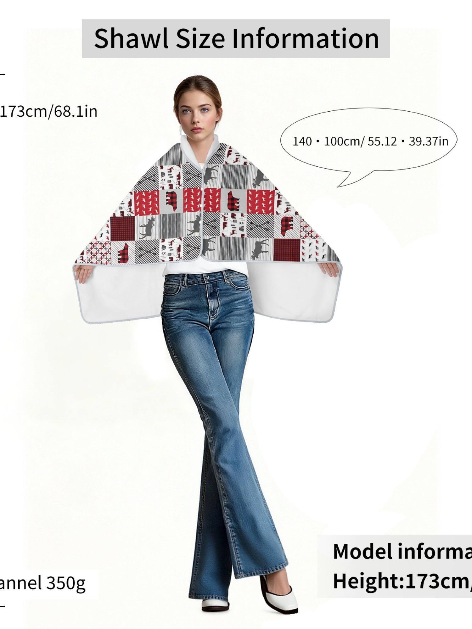 Rustic plaid moose patchwork flannel shawl, women warm hooded blanket cape, cozy outdoor loungewear, red gray flannel throw