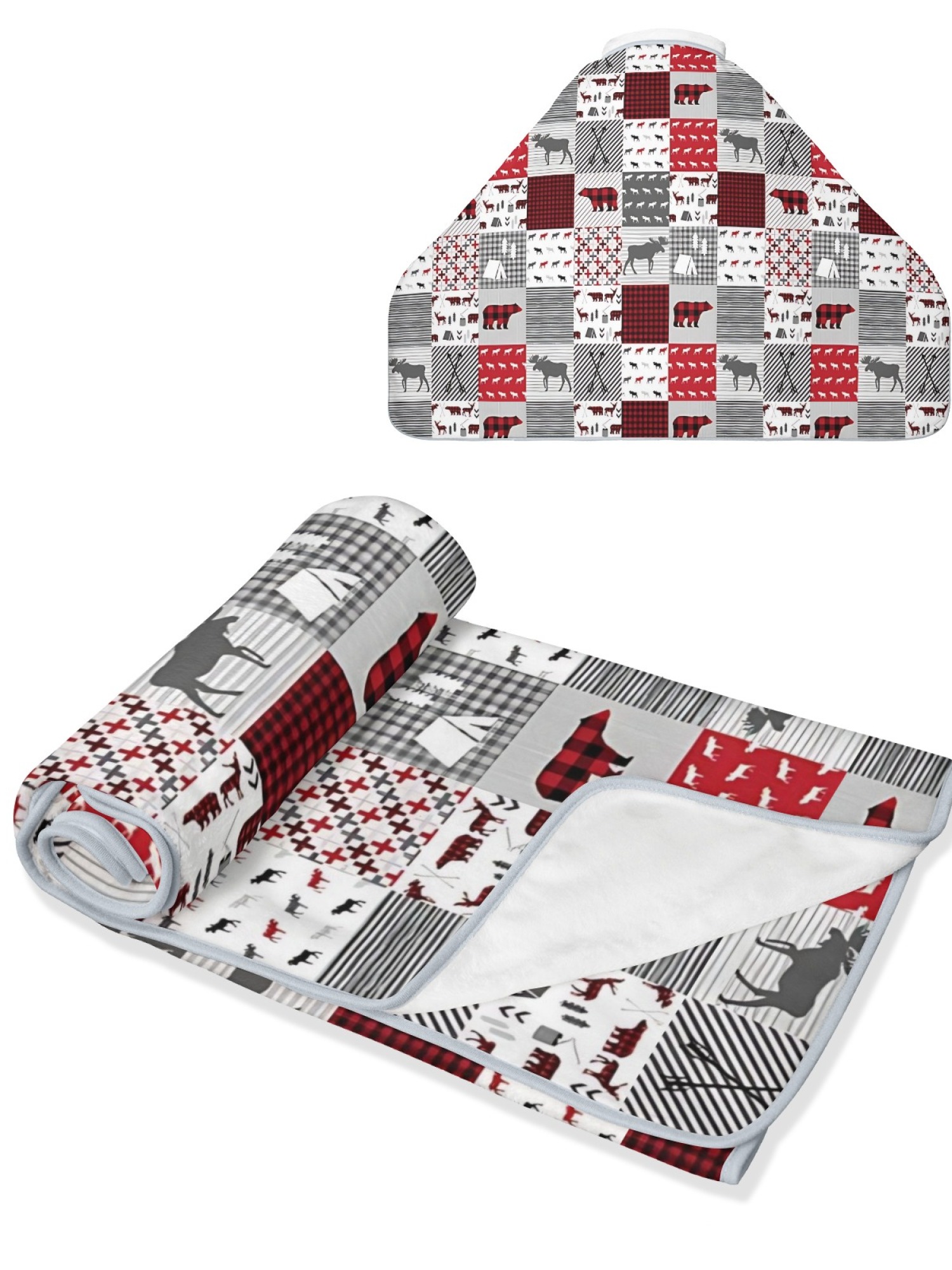 Rustic plaid moose patchwork flannel shawl, women warm hooded blanket cape, cozy outdoor loungewear, red gray flannel throw