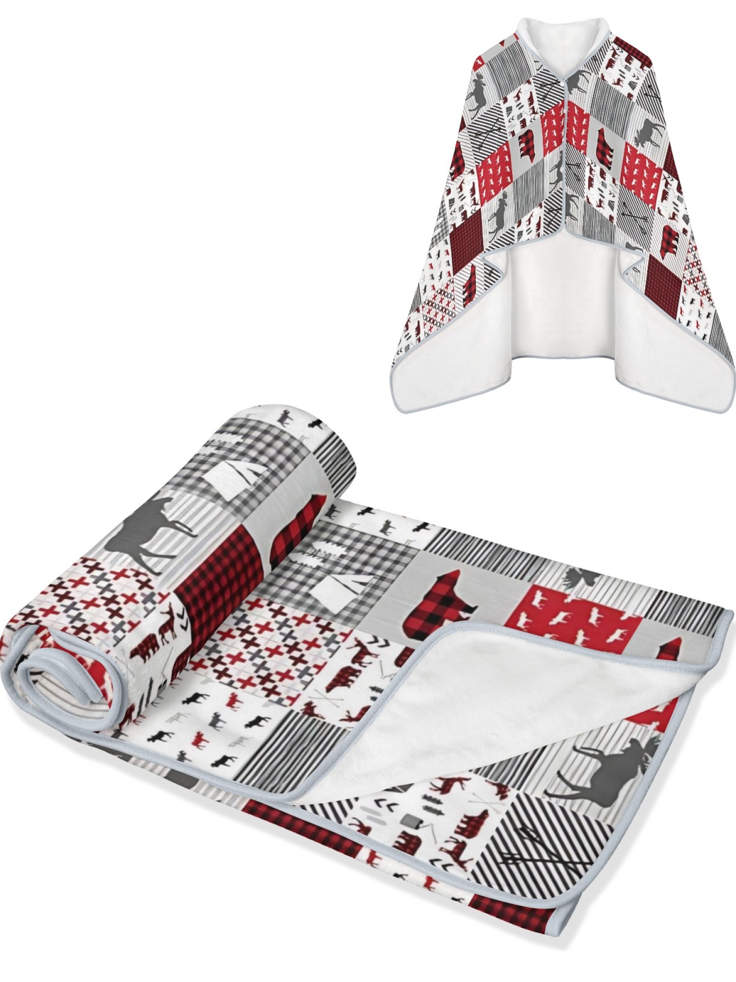 Rustic plaid moose patchwork flannel shawl, women warm hooded blanket cape, cozy outdoor loungewear, red gray flannel throw