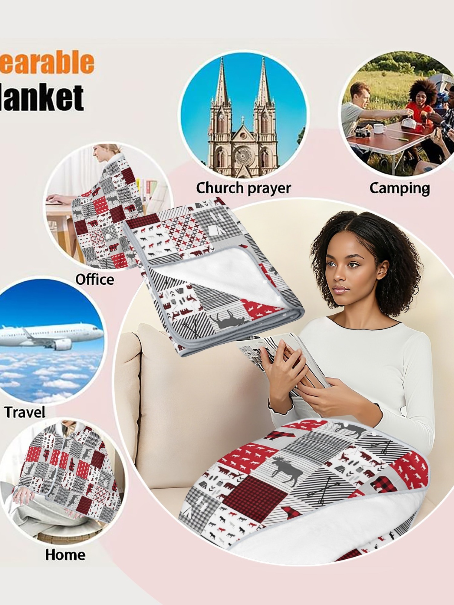 Rustic plaid moose patchwork flannel shawl, women warm hooded blanket cape, cozy outdoor loungewear, red gray flannel throw