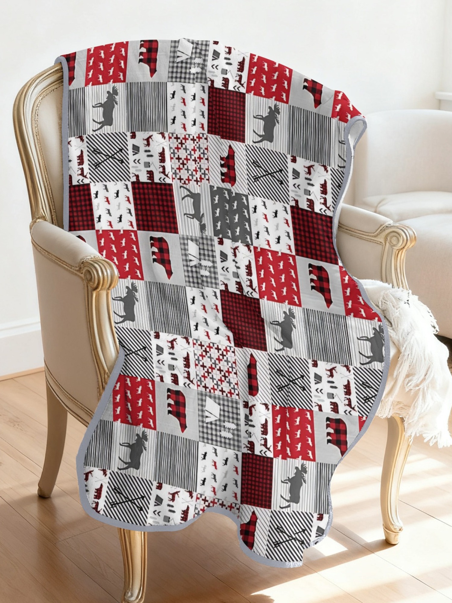 Rustic plaid moose patchwork flannel shawl, women warm hooded blanket cape, cozy outdoor loungewear, red gray flannel throw