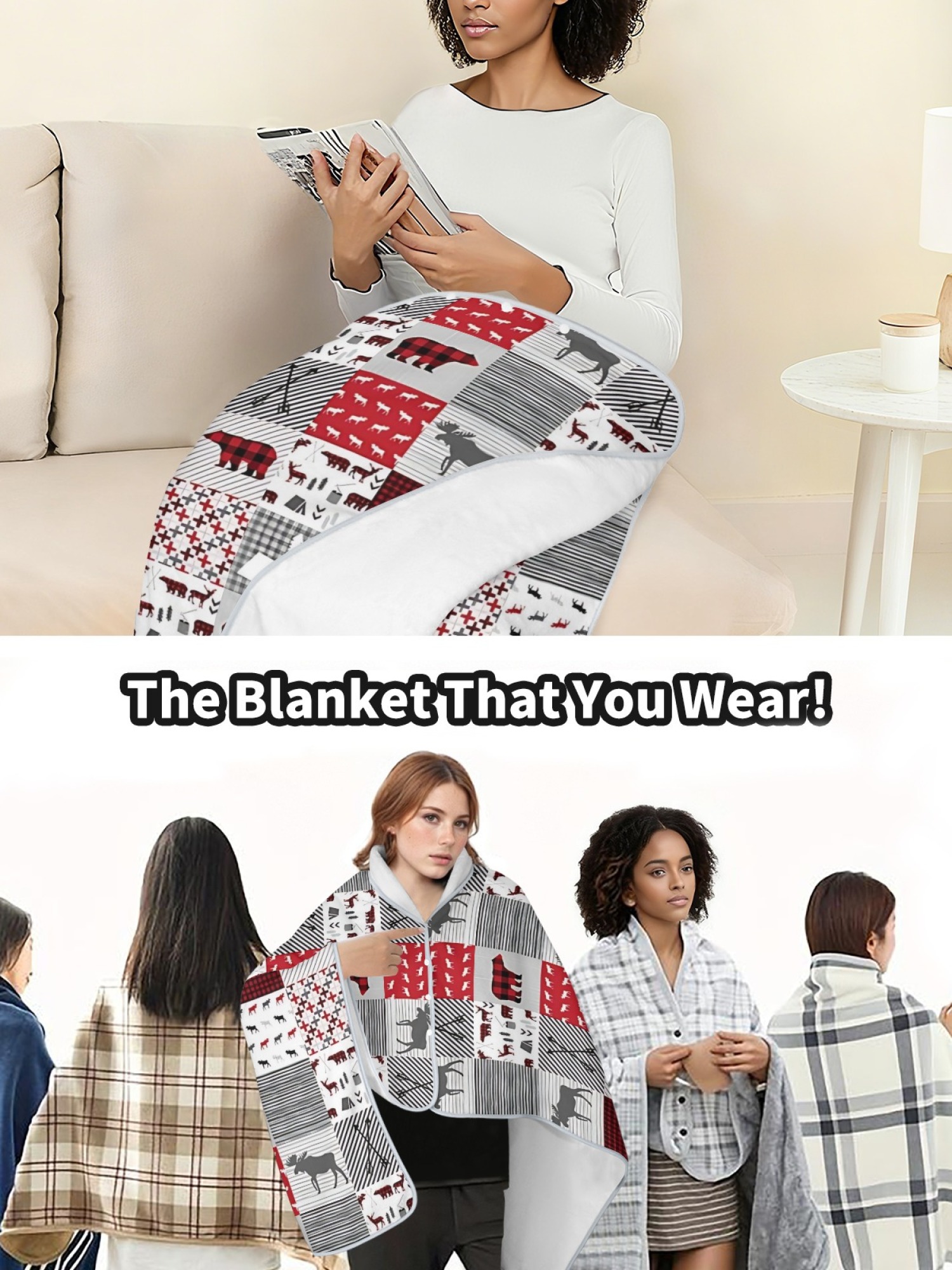 Rustic plaid moose patchwork flannel shawl, women warm hooded blanket cape, cozy outdoor loungewear, red gray flannel throw