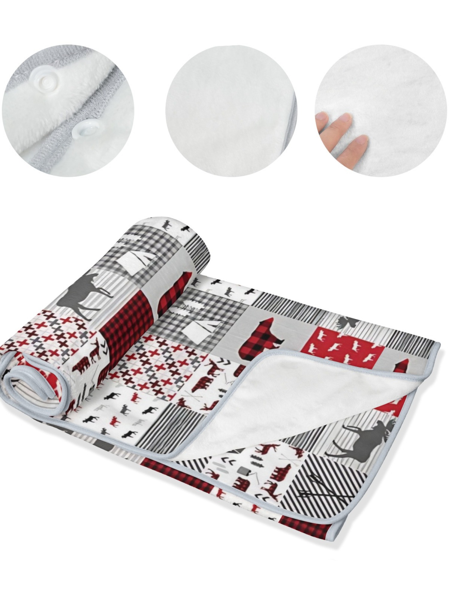 Rustic plaid moose patchwork flannel shawl, women warm hooded blanket cape, cozy outdoor loungewear, red gray flannel throw