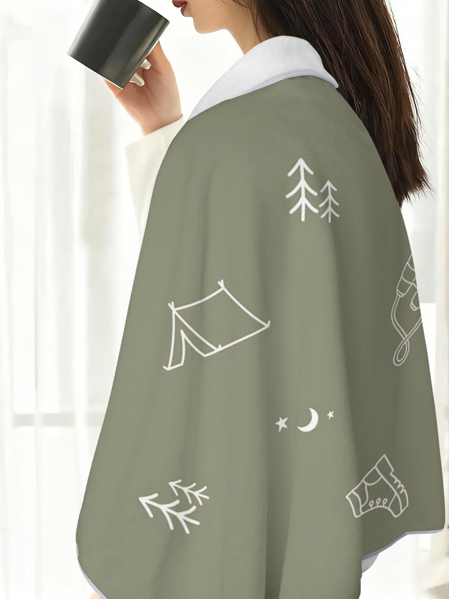 Women's Outdoor Camping Print Flannel Hooded Shawl - Warm Cozy Blanket Cape (Olive Green)