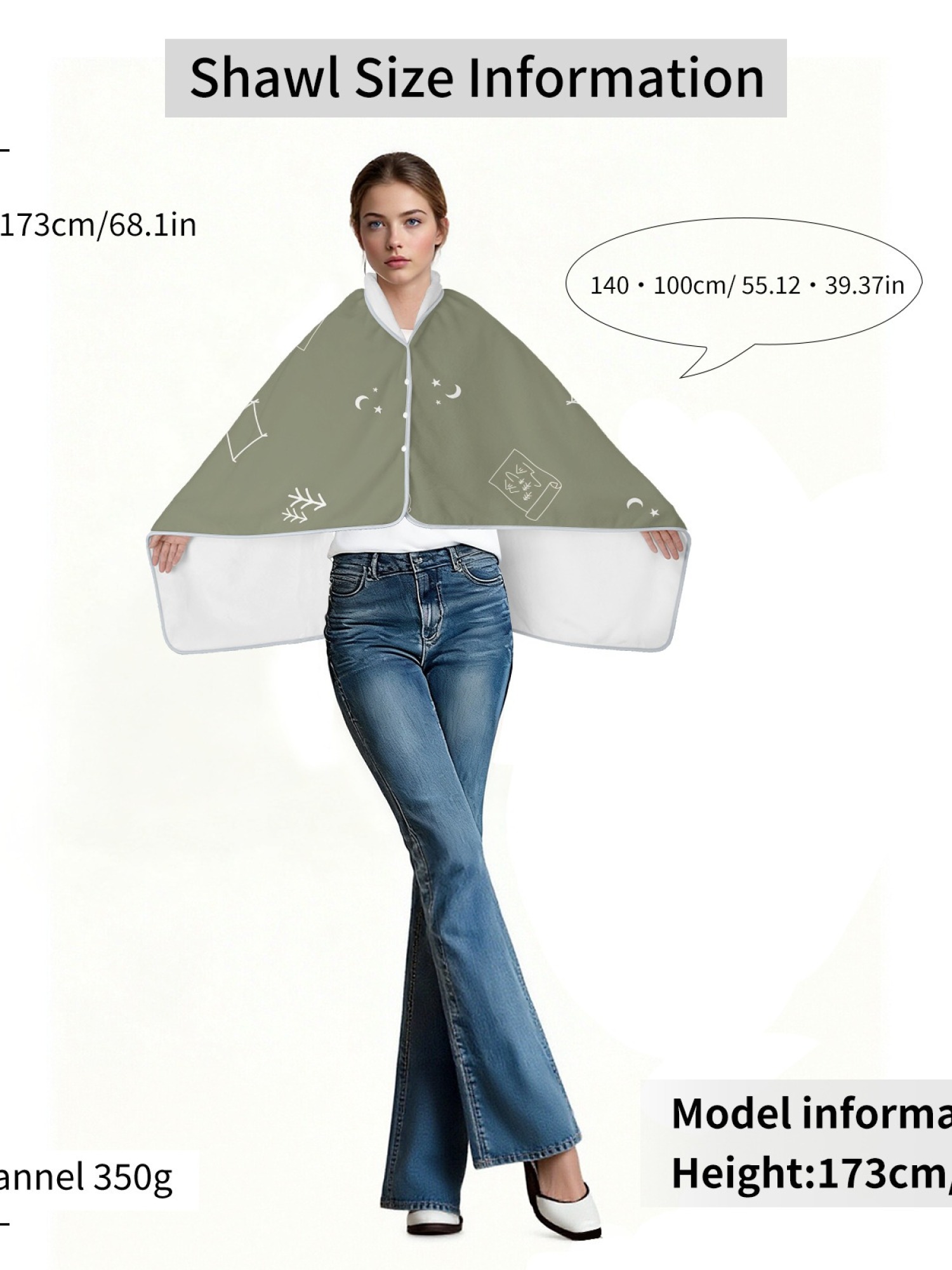 Women's Outdoor Camping Print Flannel Hooded Shawl - Warm Cozy Blanket Cape (Olive Green)