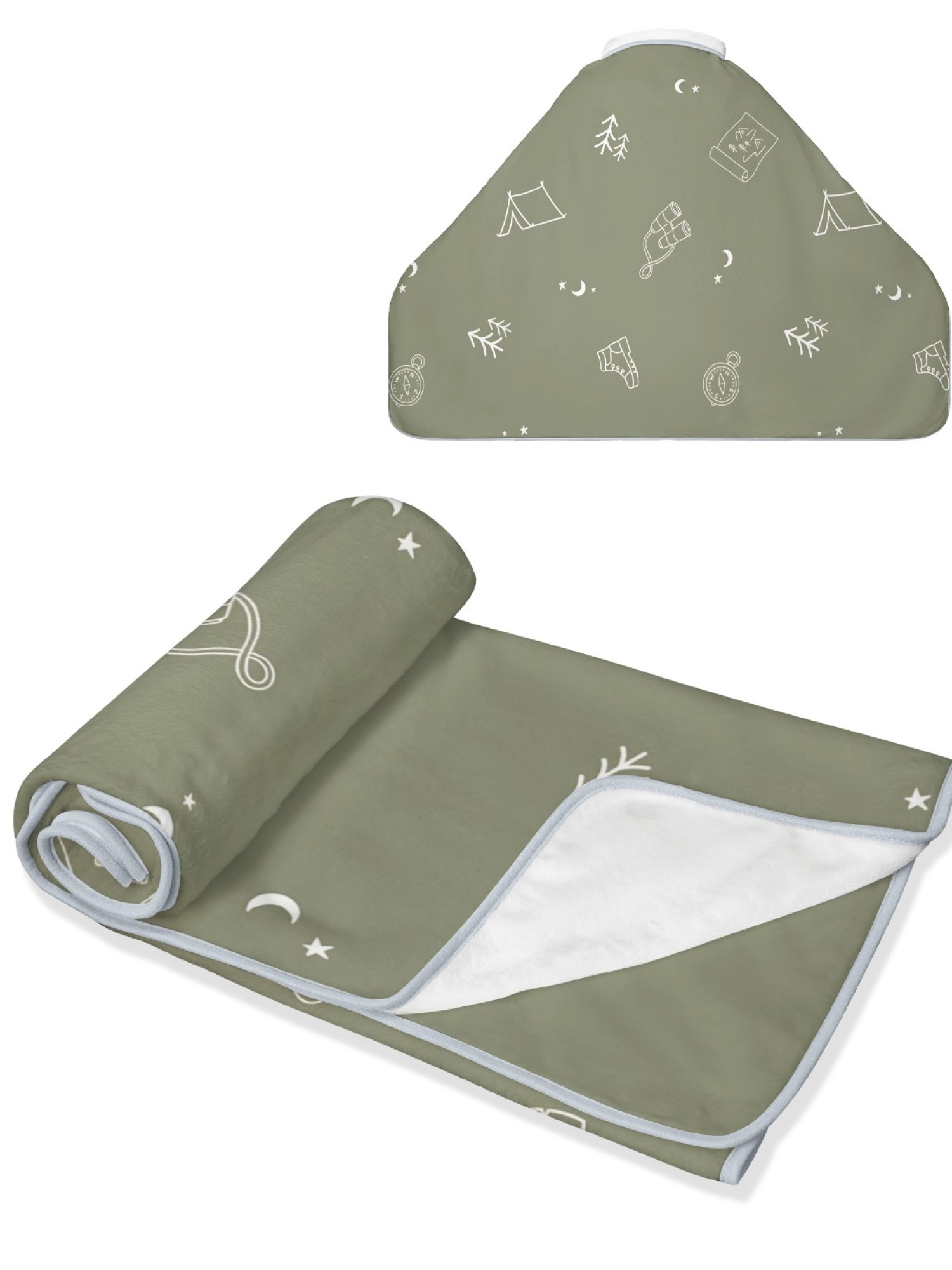 Women's Outdoor Camping Print Flannel Hooded Shawl - Warm Cozy Blanket Cape (Olive Green)