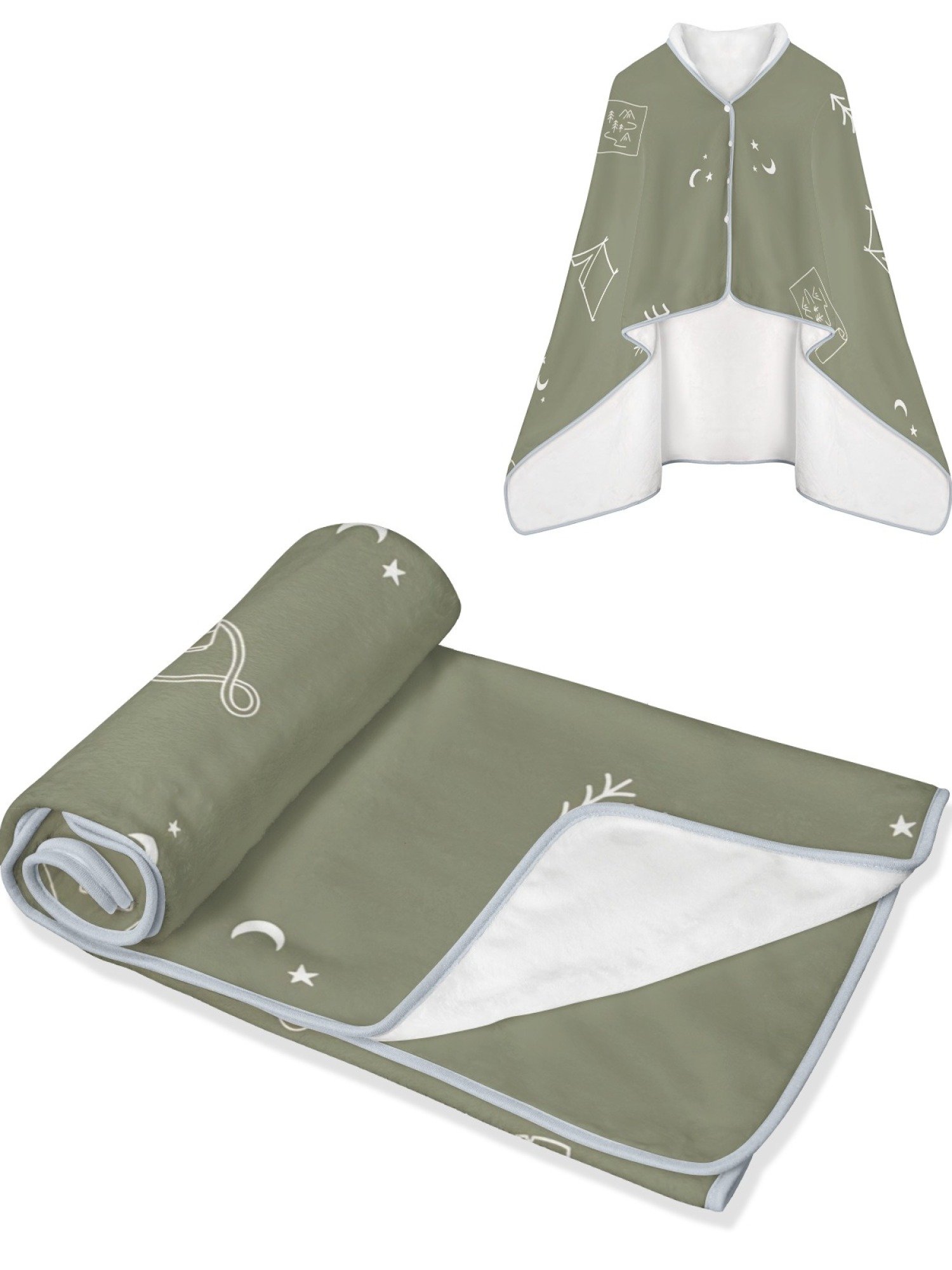 Women's Outdoor Camping Print Flannel Hooded Shawl - Warm Cozy Blanket Cape (Olive Green)