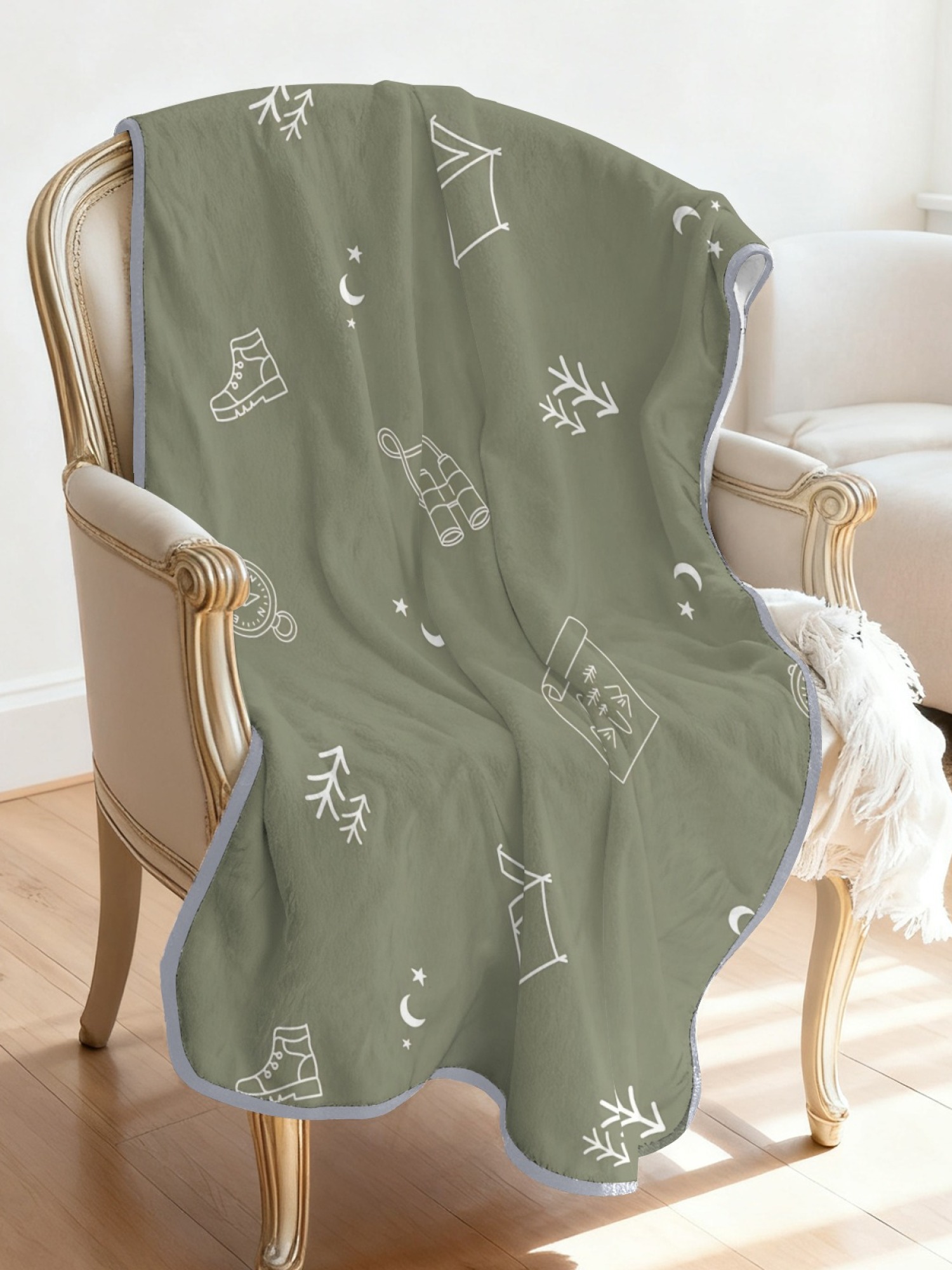 Women's Outdoor Camping Print Flannel Hooded Shawl - Warm Cozy Blanket Cape (Olive Green)