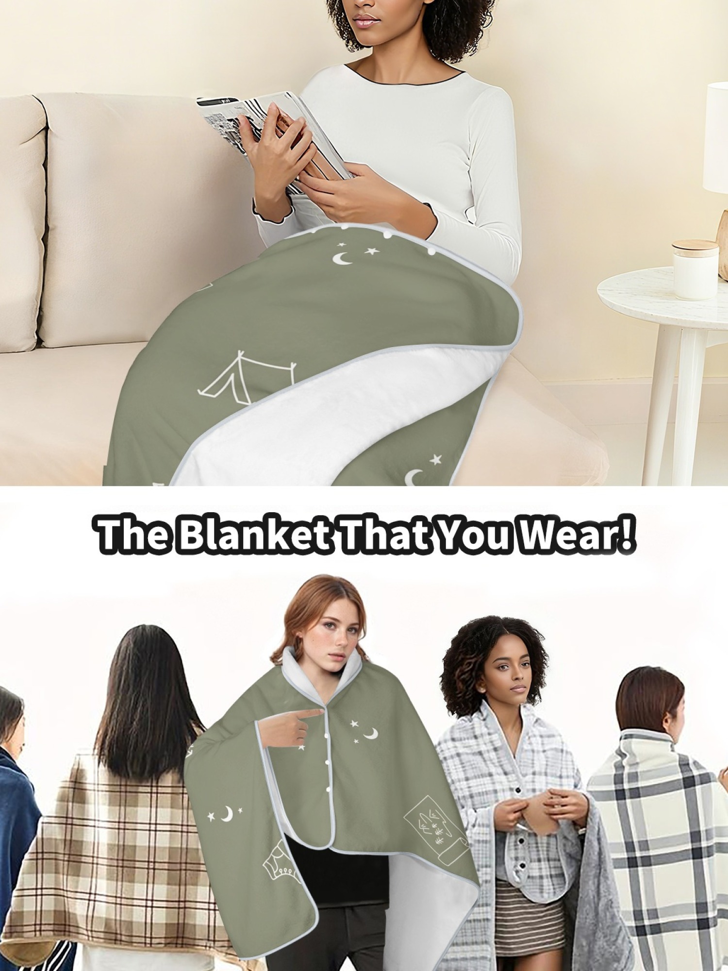 Women's Outdoor Camping Print Flannel Hooded Shawl - Warm Cozy Blanket Cape (Olive Green)