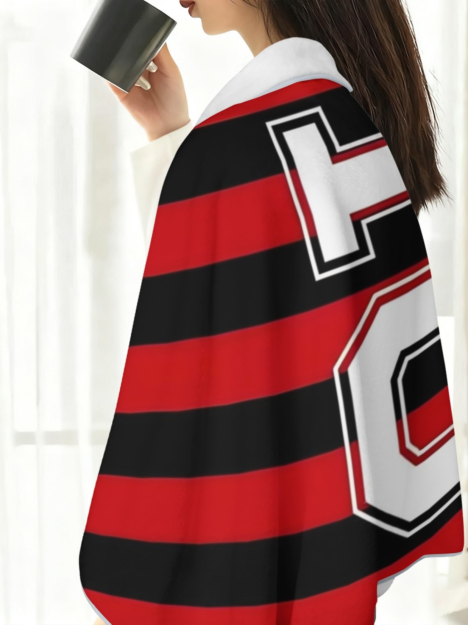 Women's Jersey-Style "10" Printed Flannel Throw Shawl - Soft Cozy Blanket (3 Colors: Red/Black, Blue/Red, Blue/White)