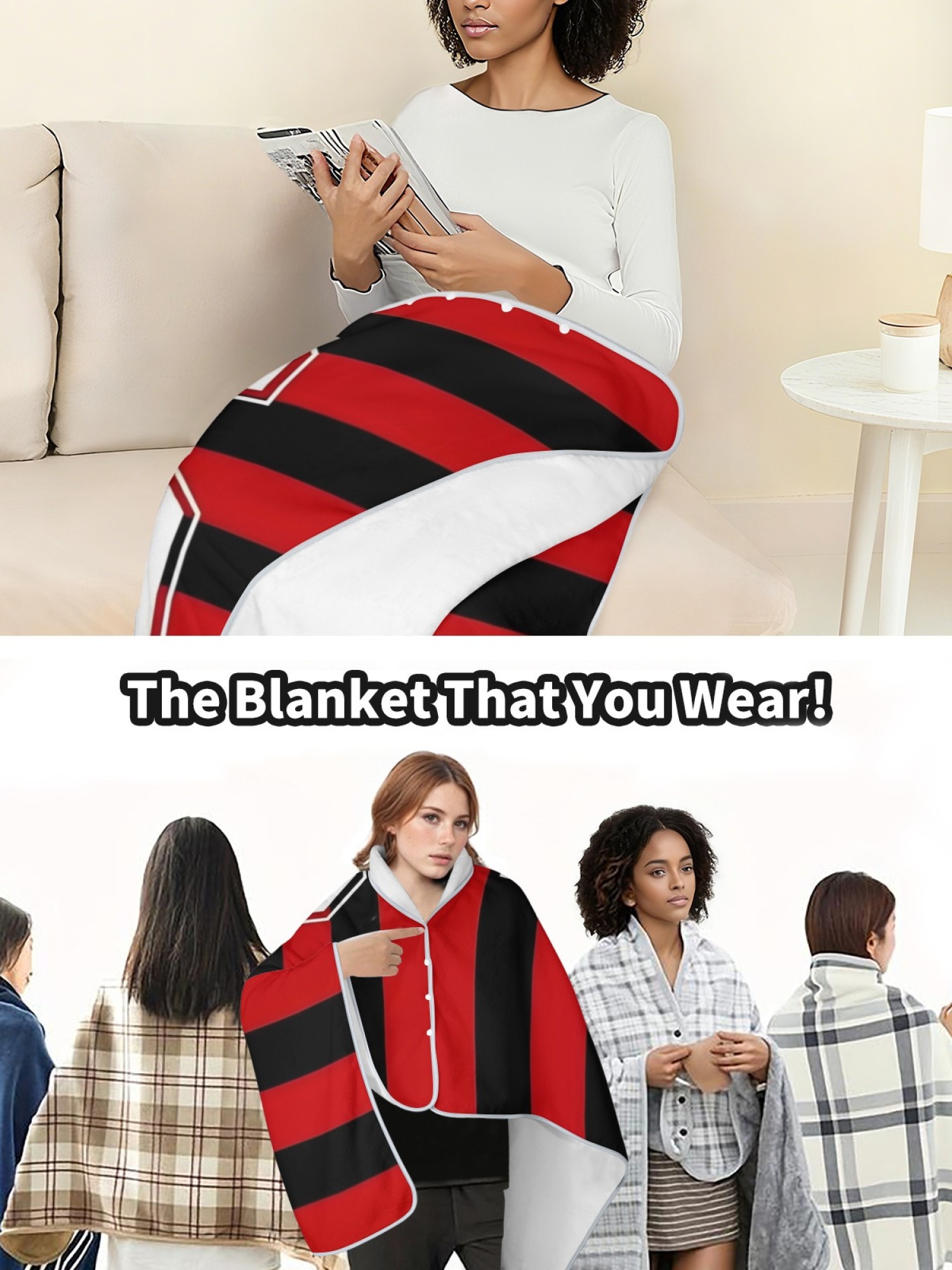 Women's Jersey-Style "10" Printed Flannel Throw Shawl - Soft Cozy Blanket (3 Colors: Red/Black, Blue/Red, Blue/White)