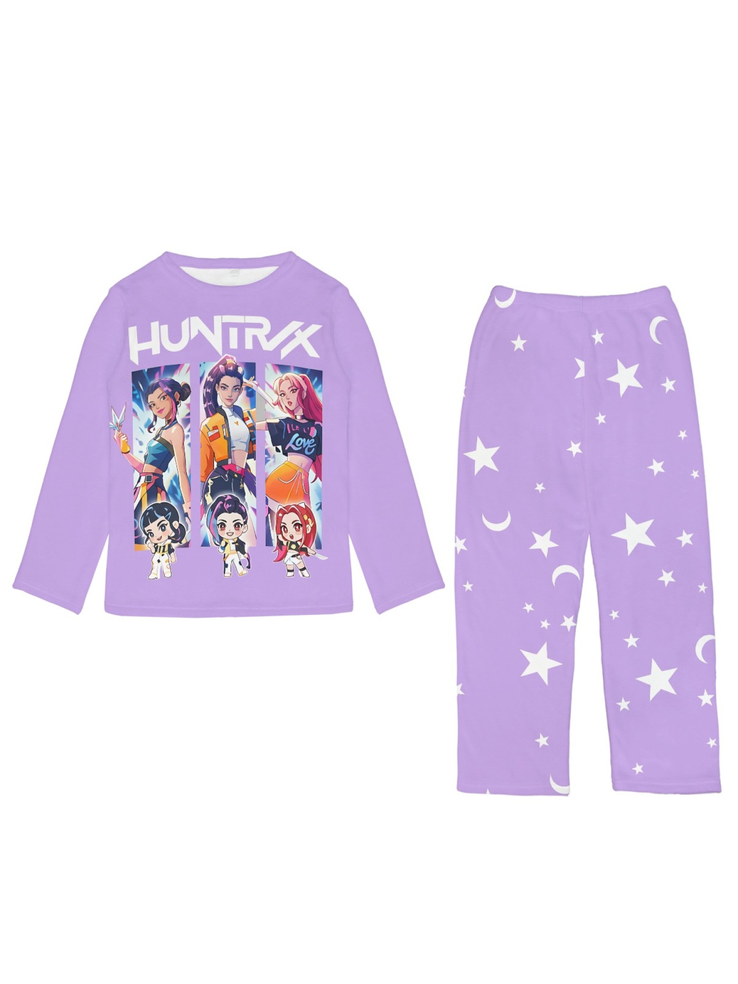 Women's Anime Girl Group Printed Flannel Pajama Set - Warm Fuzzy Sleepwear (Purple/Bright Pink/Light Pink)