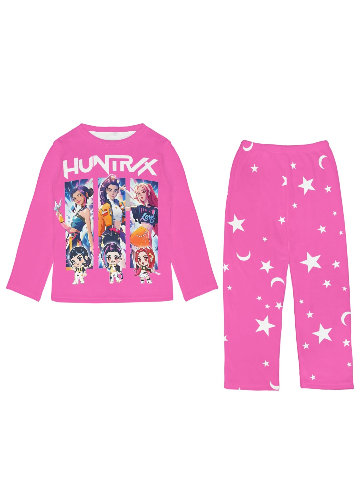Women's Anime Girl Group Printed Flannel Pajama Set - Warm Fuzzy Sleepwear (Purple/Bright Pink/Light Pink)