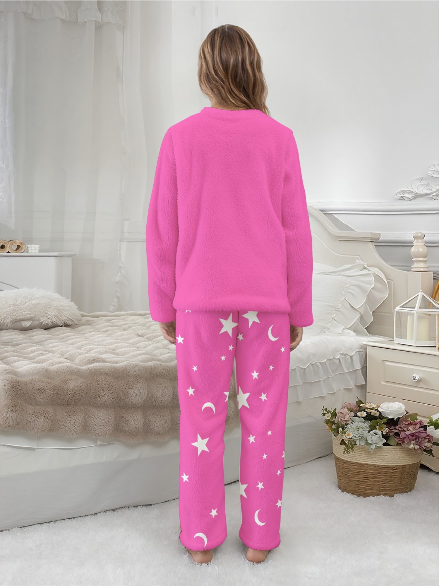 Women's Anime Girl Group Printed Flannel Pajama Set - Warm Fuzzy Sleepwear (Purple/Bright Pink/Light Pink)