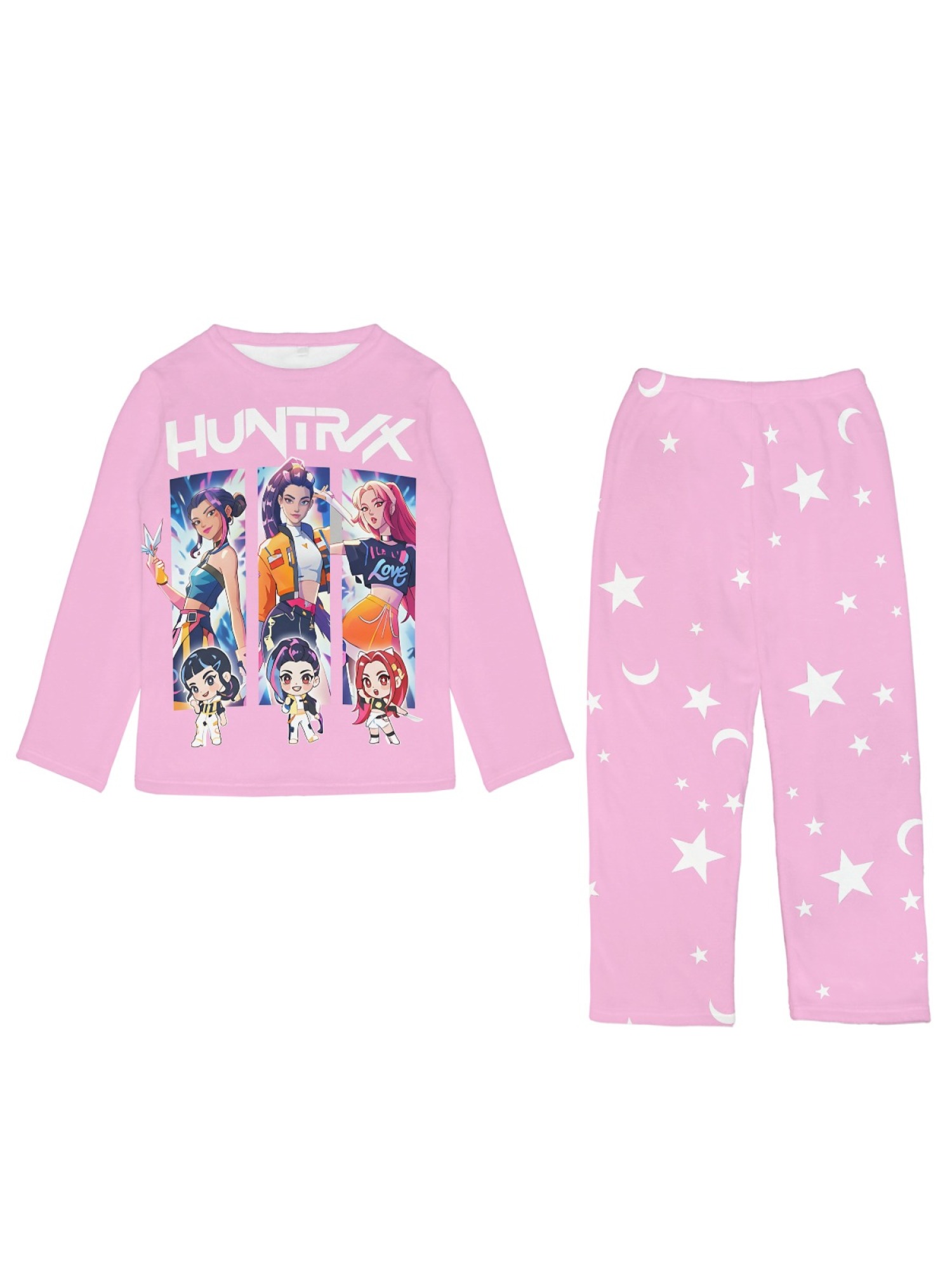Women's Anime Girl Group Printed Flannel Pajama Set - Warm Fuzzy Sleepwear (Purple/Bright Pink/Light Pink)
