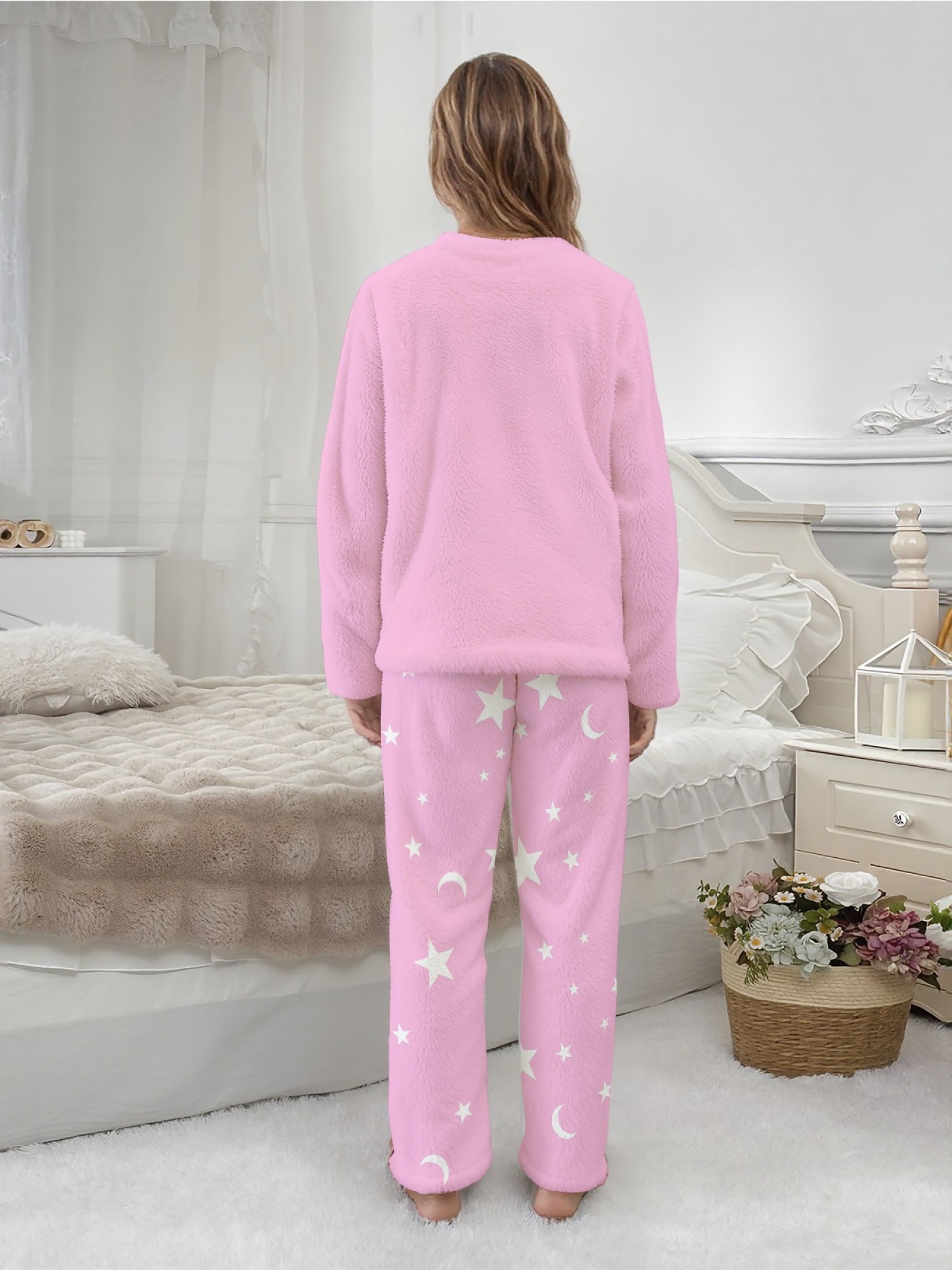 Women's Anime Girl Group Printed Flannel Pajama Set - Warm Fuzzy Sleepwear (Purple/Bright Pink/Light Pink)